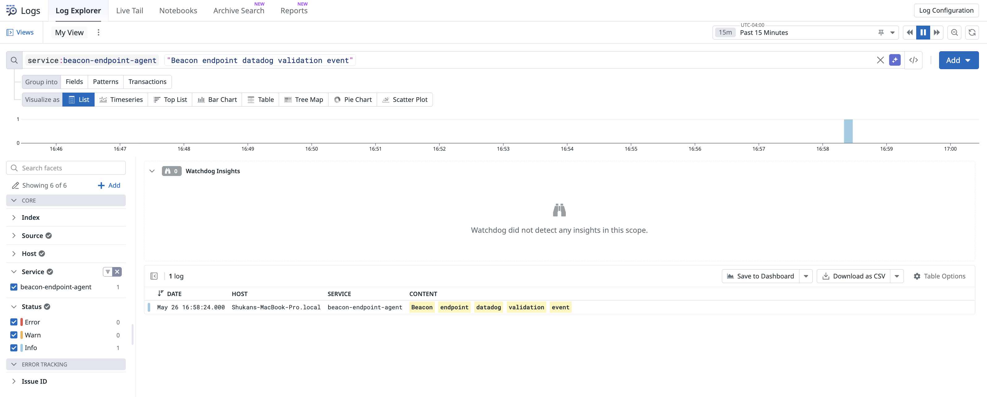 Datadog Log Explorer showing a query for service beacon-endpoint-agent and the Beacon Datadog validation event.