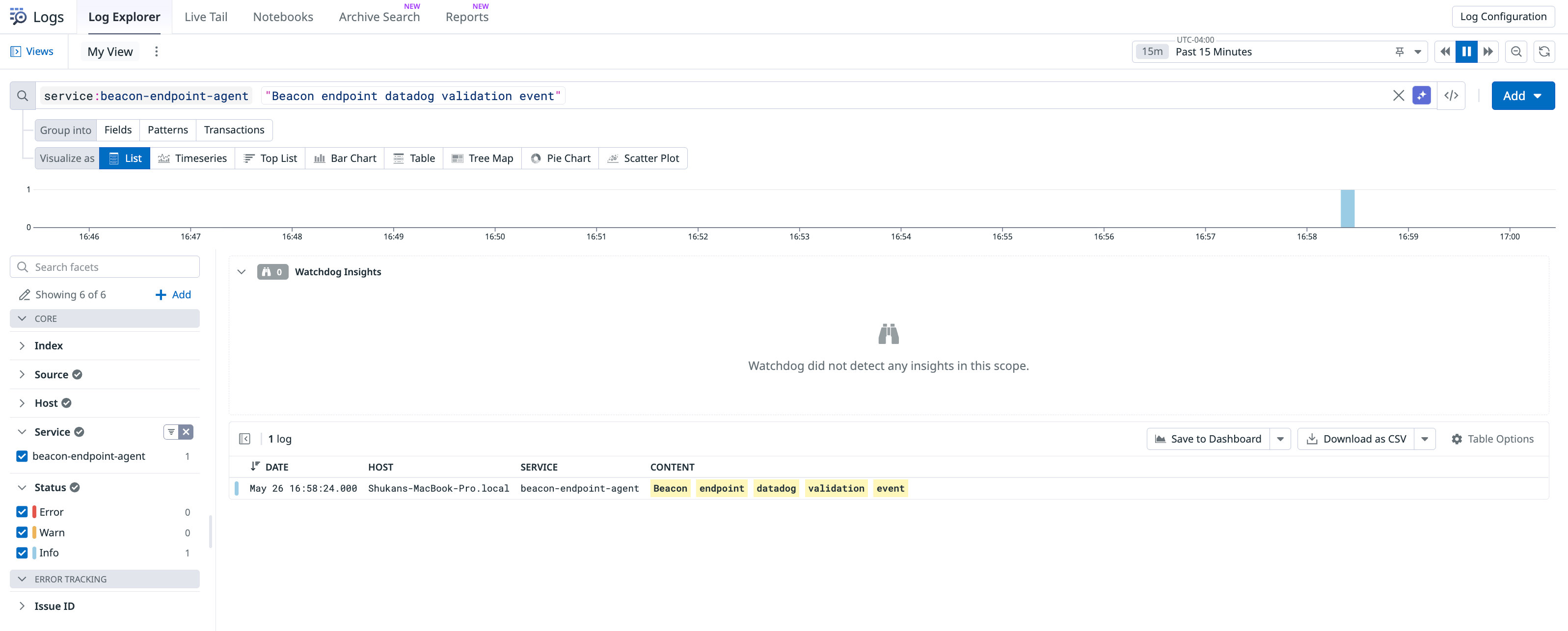 Datadog Log Explorer showing a query for service beacon-endpoint-agent and the Beacon Datadog validation event.