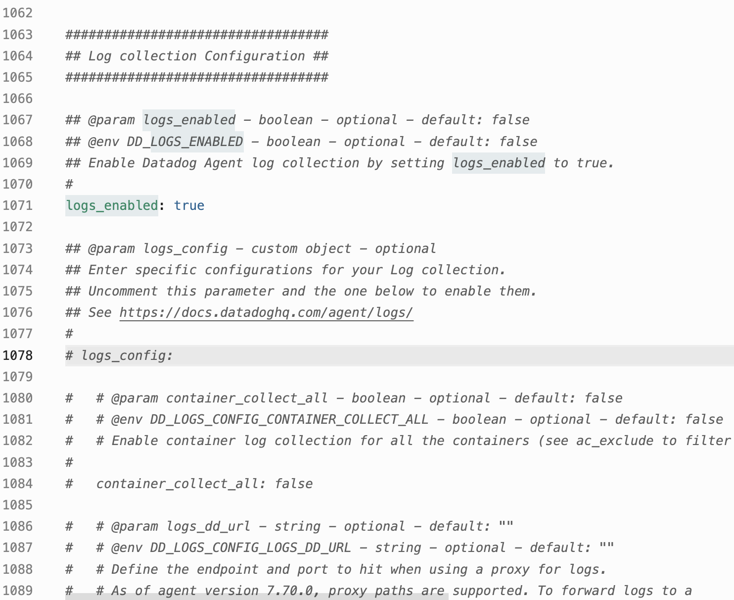 Datadog Agent datadog.yaml showing logs_enabled set to true.
