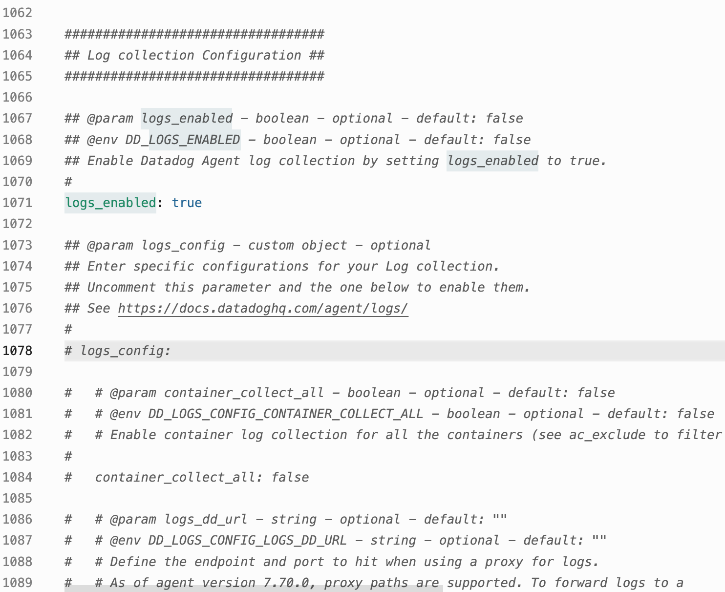 Datadog Agent datadog.yaml showing logs_enabled set to true.