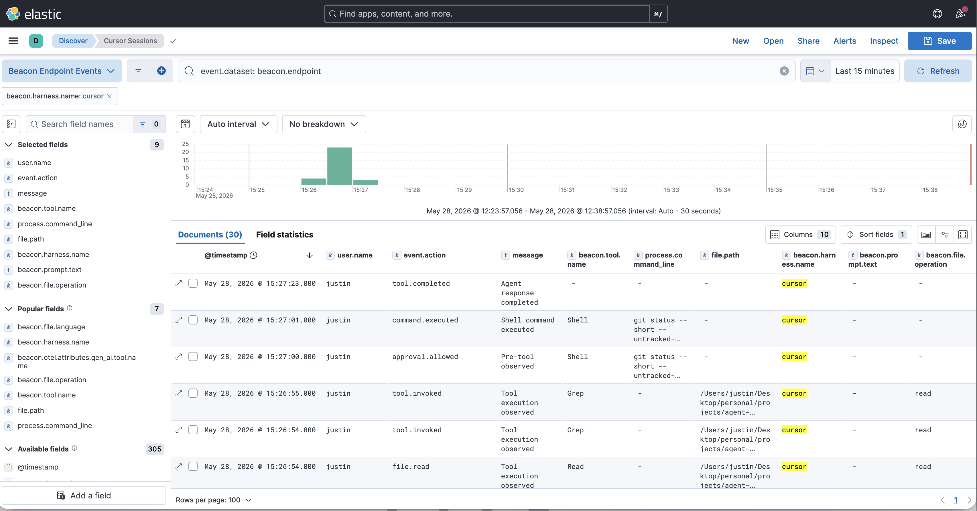 Kibana Discover showing the Beacon Endpoint Events data view filtered to Cursor events with Beacon fields such as user.name, event.action, message, beacon.tool.name, process.command_line, file.path, and beacon.harness.name.