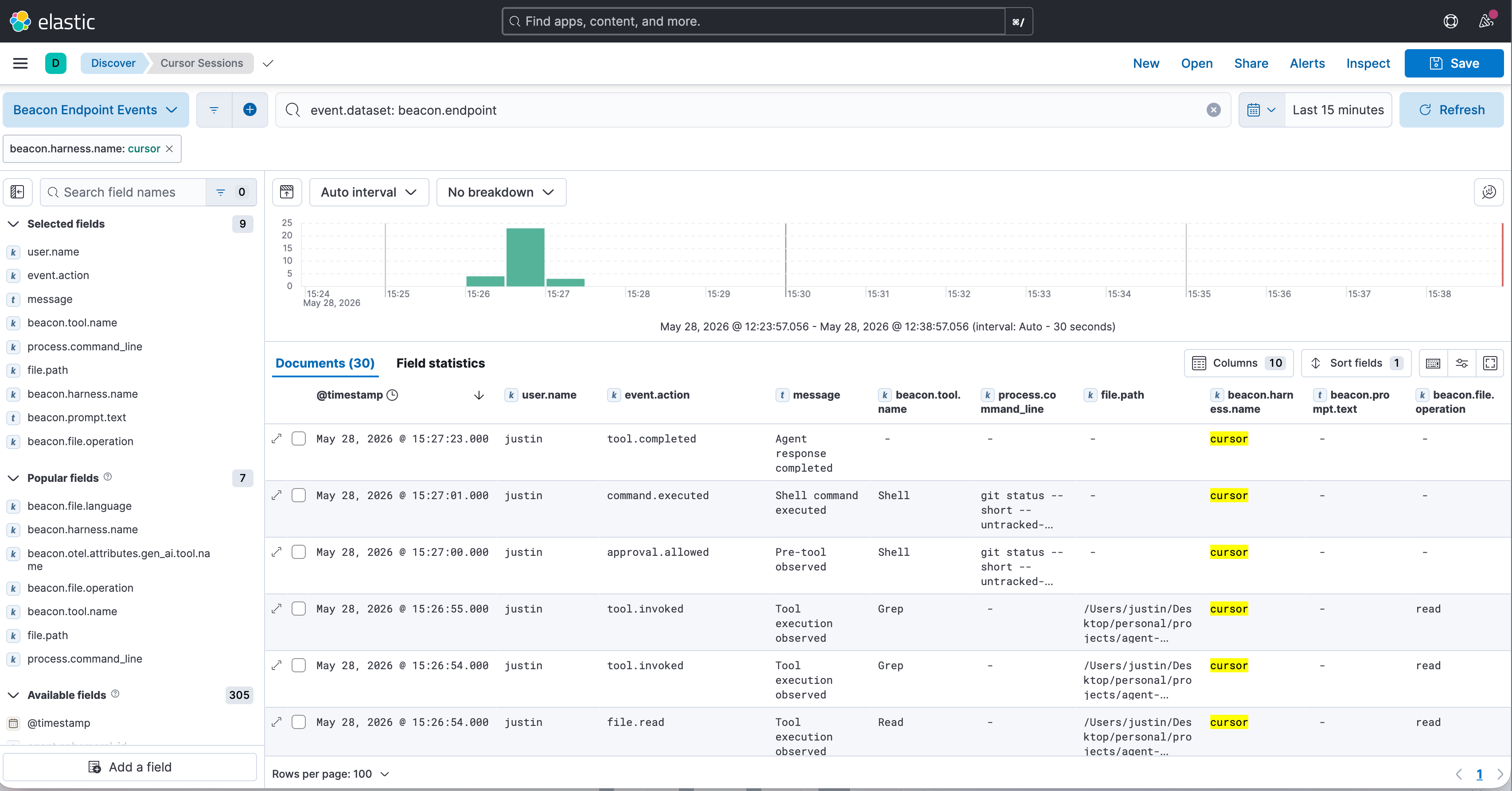Kibana Discover showing the Beacon Endpoint Events data view filtered to Cursor events with Beacon fields such as user.name, event.action, message, beacon.tool.name, process.command_line, file.path, and beacon.harness.name.