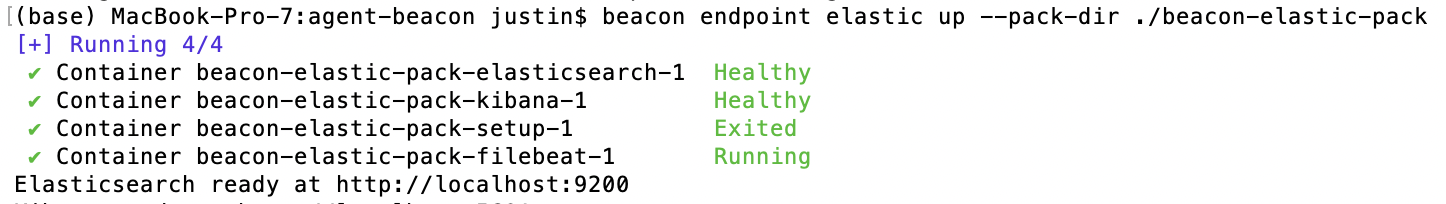 Terminal showing beacon endpoint elastic up starting the local Elastic validation stack with Elasticsearch and Kibana healthy, setup exited, and Filebeat running.