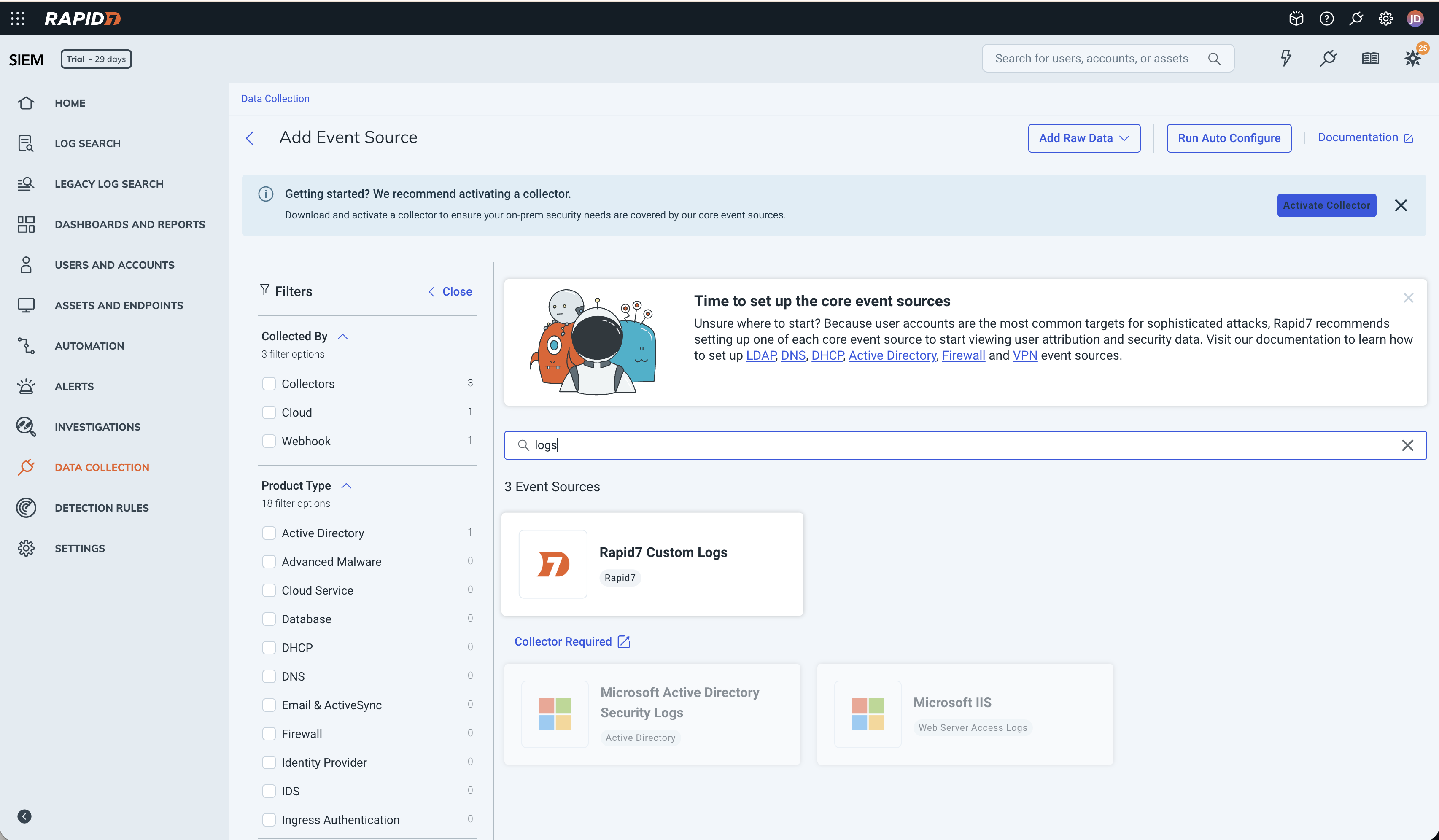 Rapid7 InsightIDR Custom Logs event source option for Beacon endpoint events.