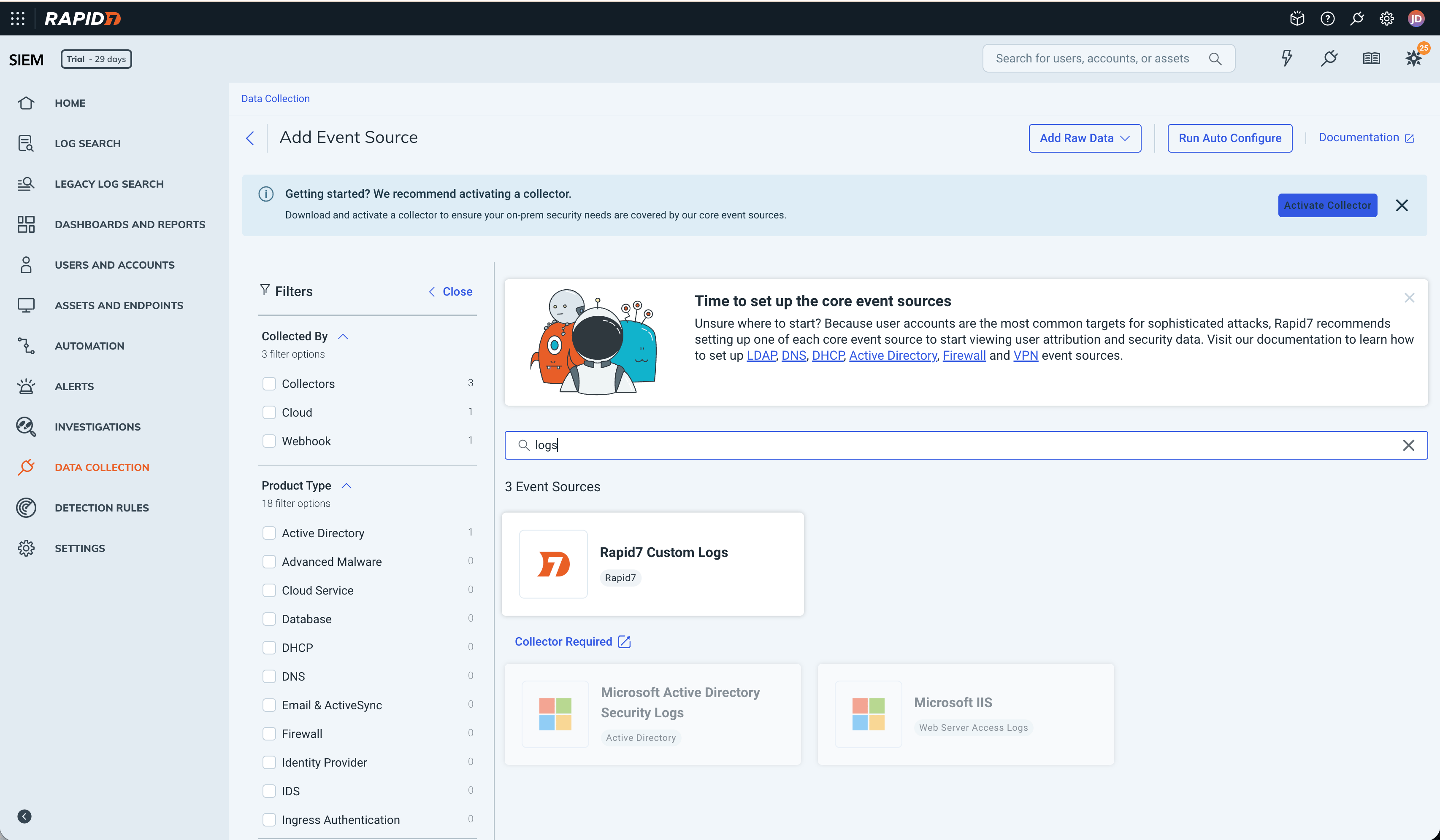 Rapid7 InsightIDR Custom Logs event source option for Beacon endpoint events.