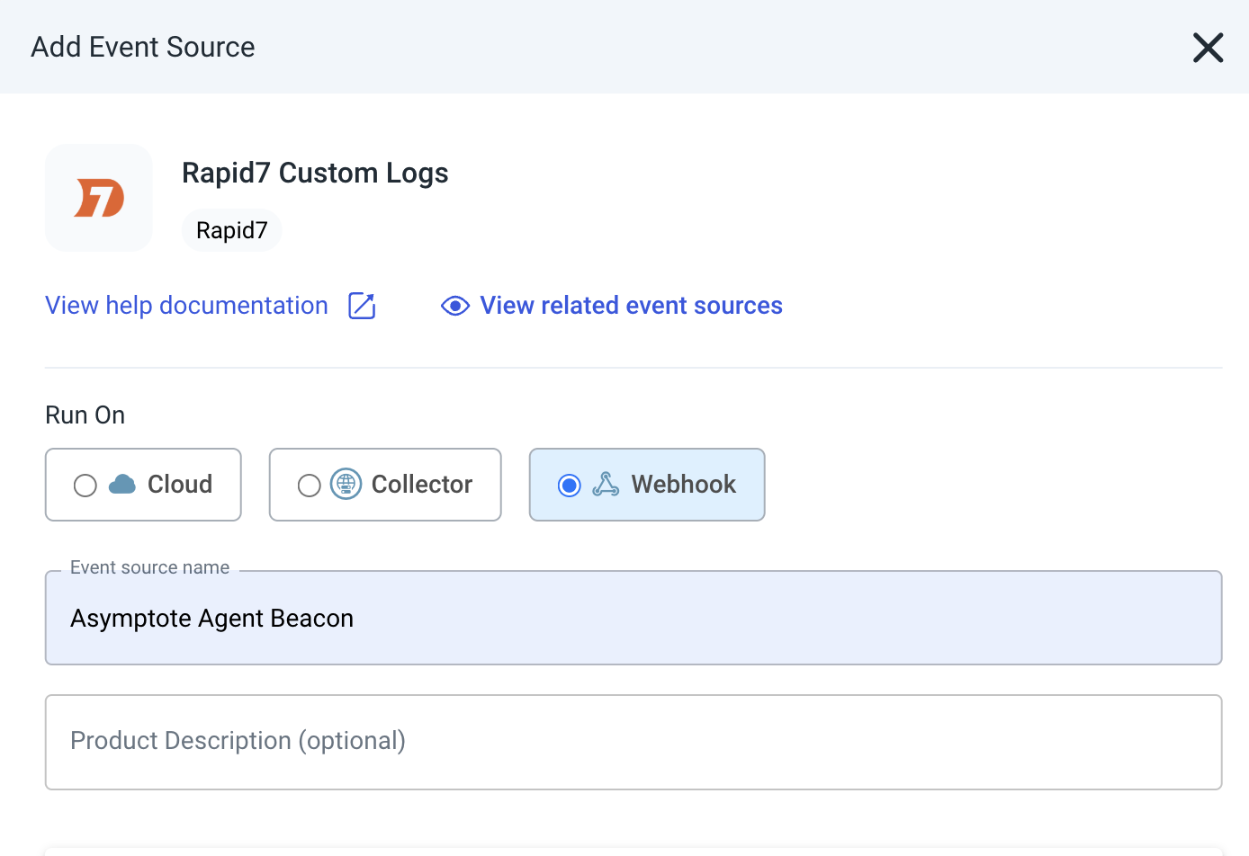 Rapid7 InsightIDR Custom Logs webhook configuration for Beacon endpoint events.