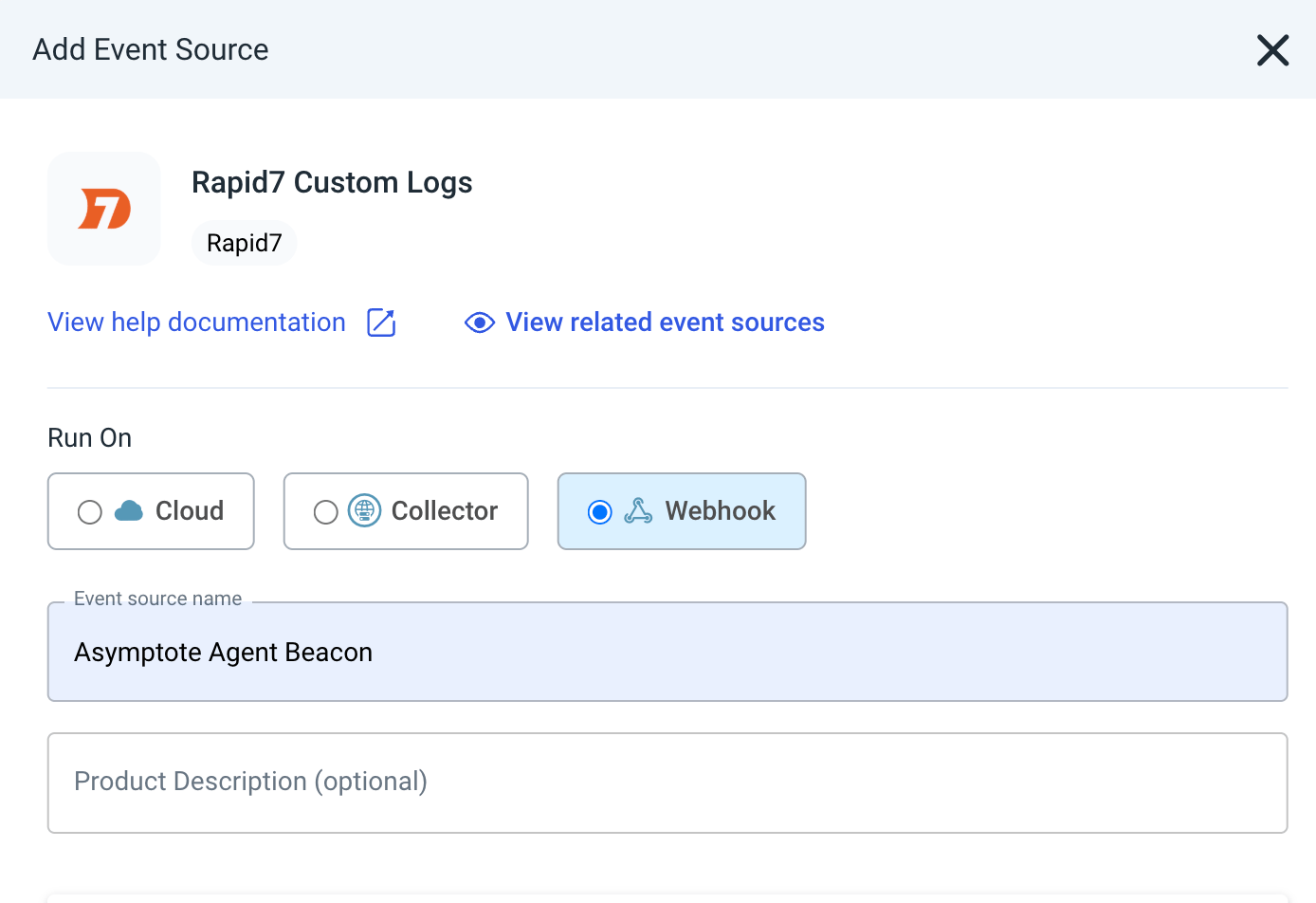 Rapid7 InsightIDR Custom Logs webhook configuration for Beacon endpoint events.