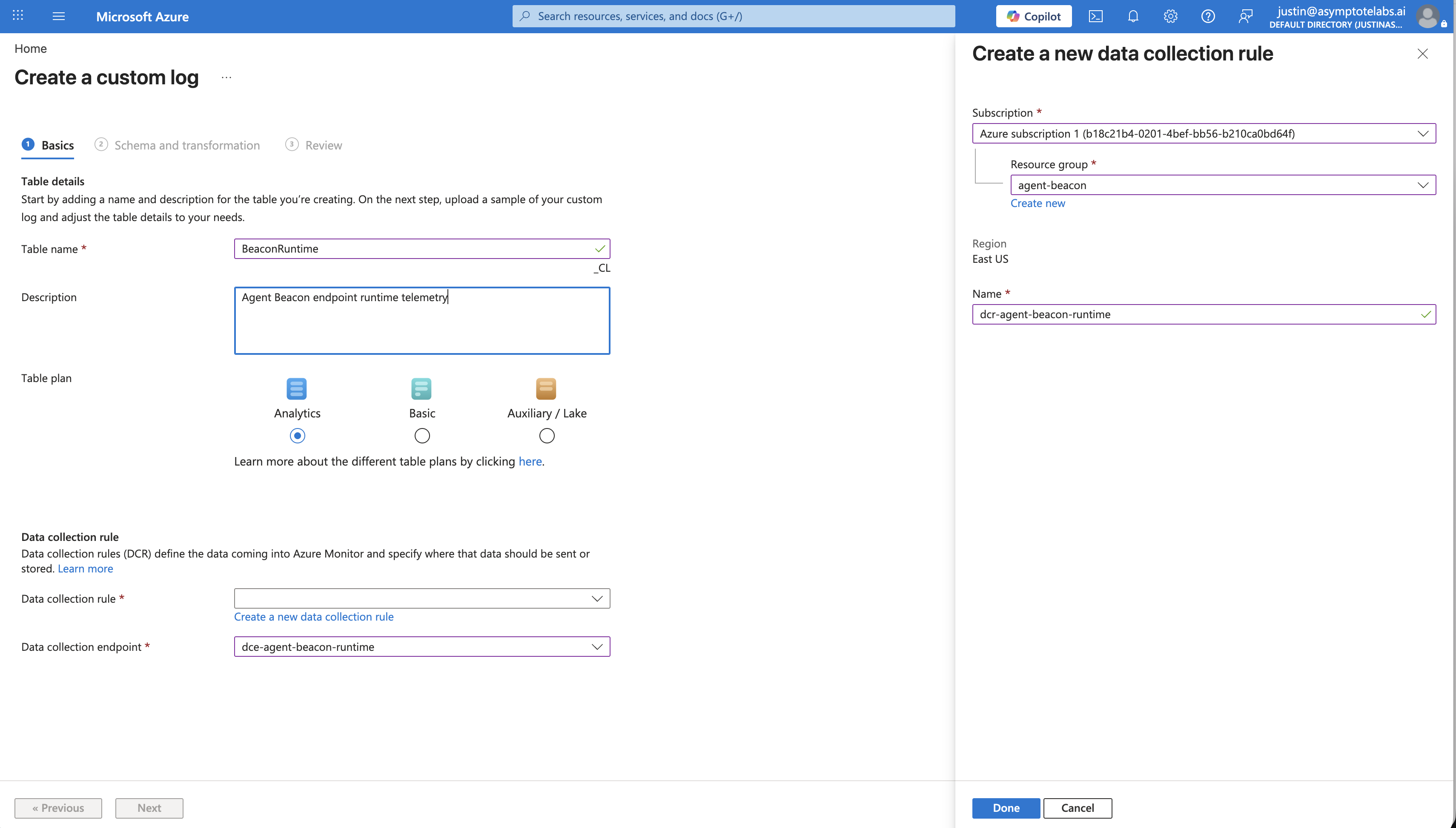 Azure Portal custom log wizard with BeaconRuntime table details, Analytics plan, dcr-agent-beacon-runtime DCR, and dce-agent-beacon-runtime endpoint.