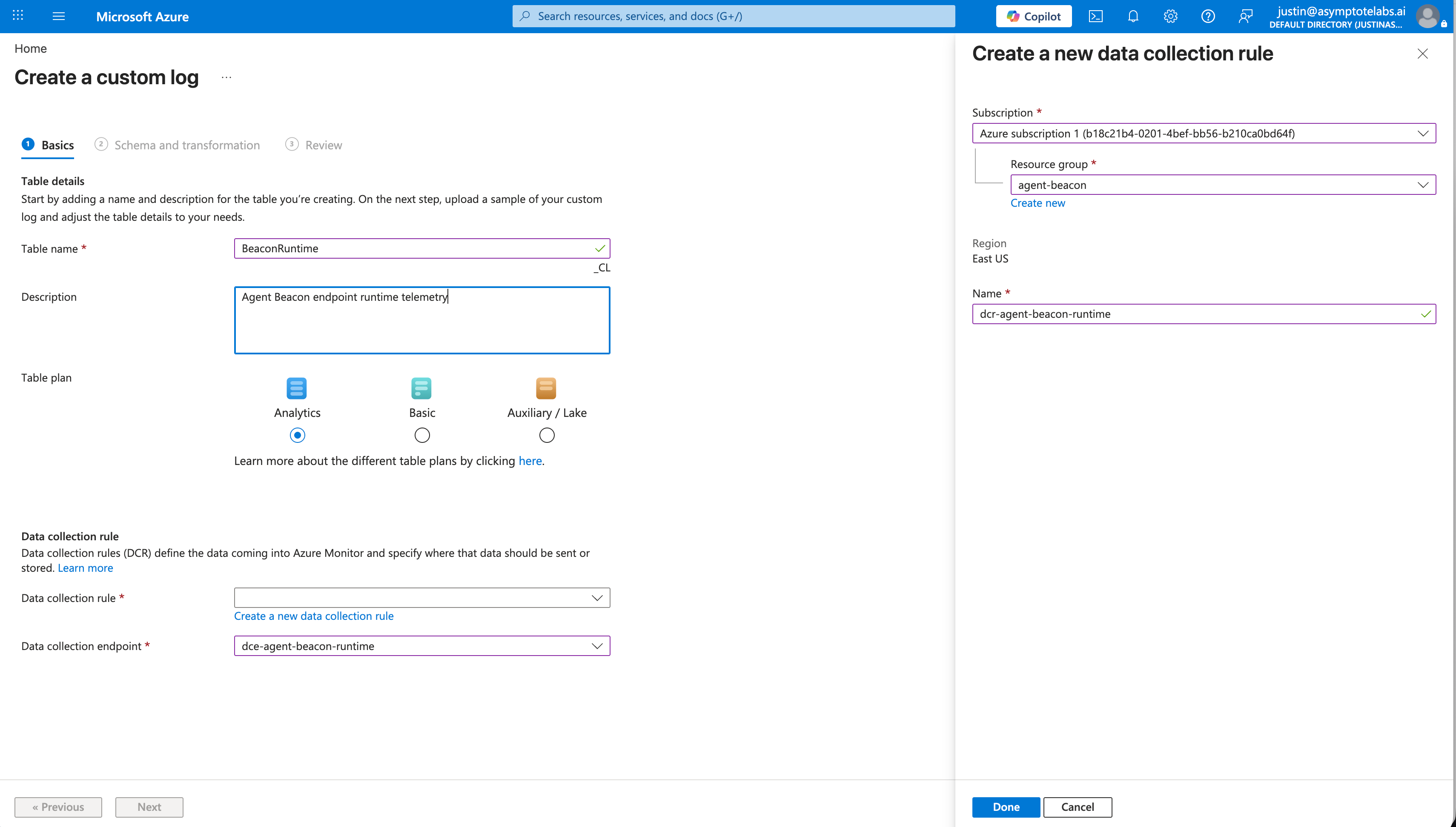Azure Portal custom log wizard with BeaconRuntime table details, Analytics plan, dcr-agent-beacon-runtime DCR, and dce-agent-beacon-runtime endpoint.