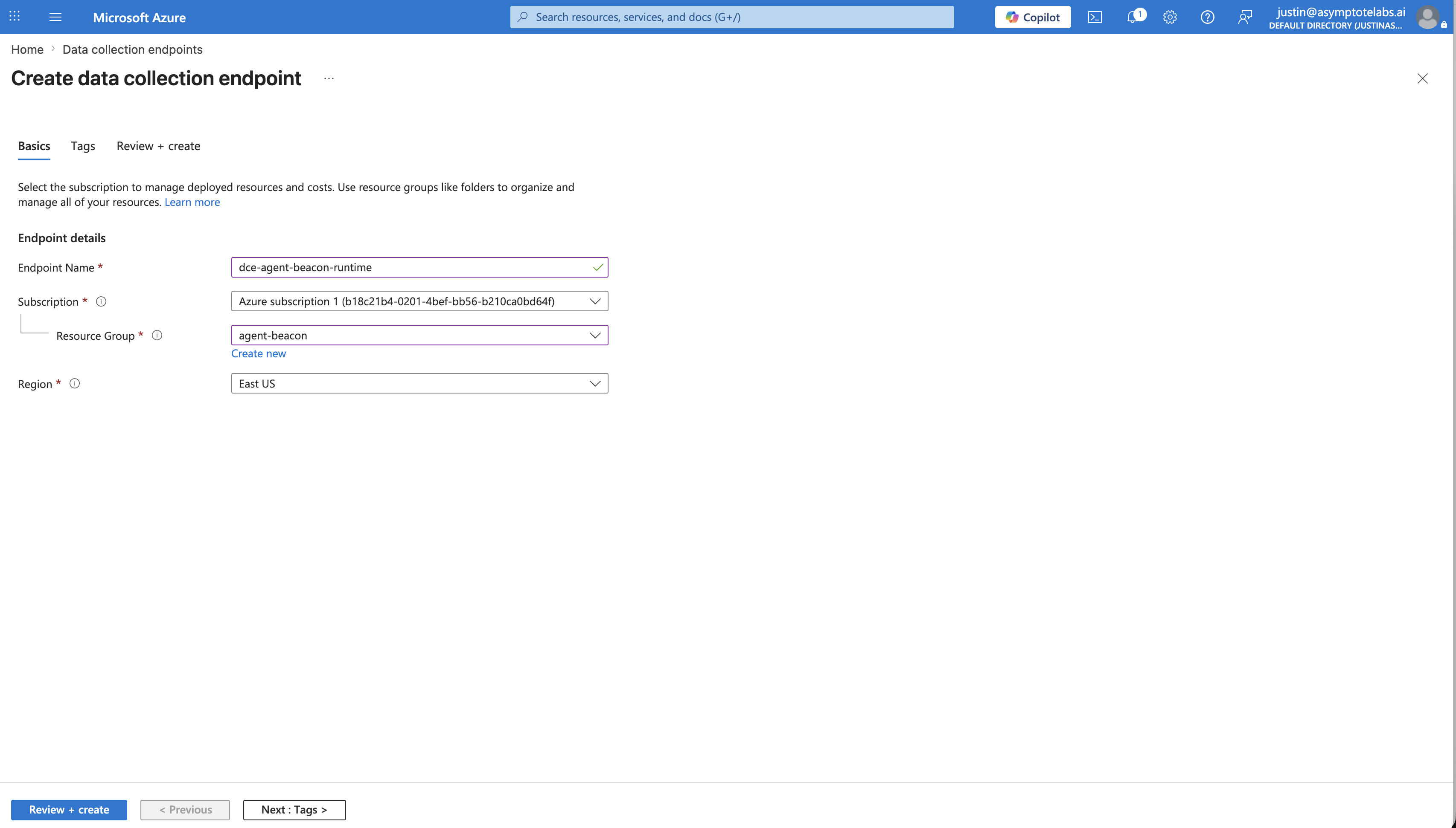 Azure Portal form creating dce-agent-beacon-runtime in the agent-beacon resource group and East US region.