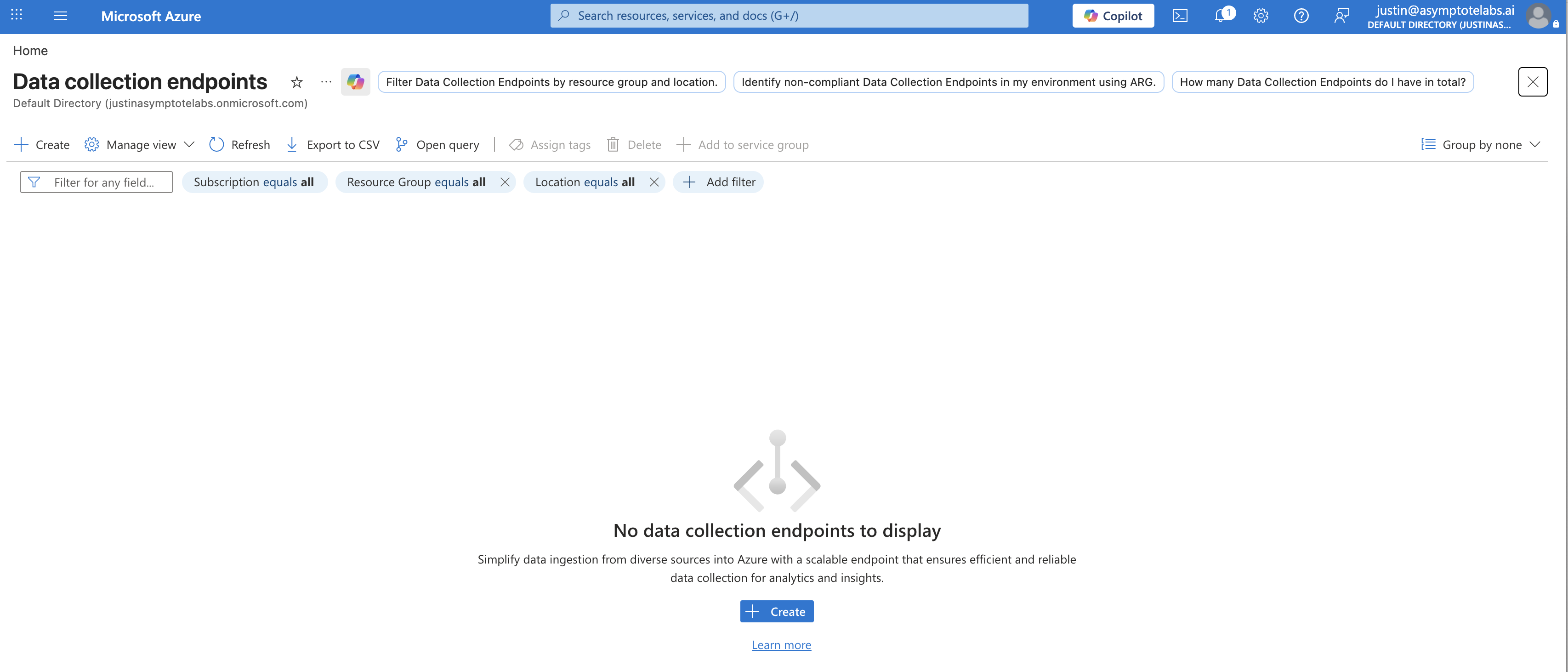 Azure Portal Data collection endpoints page showing no endpoints and the Create button.