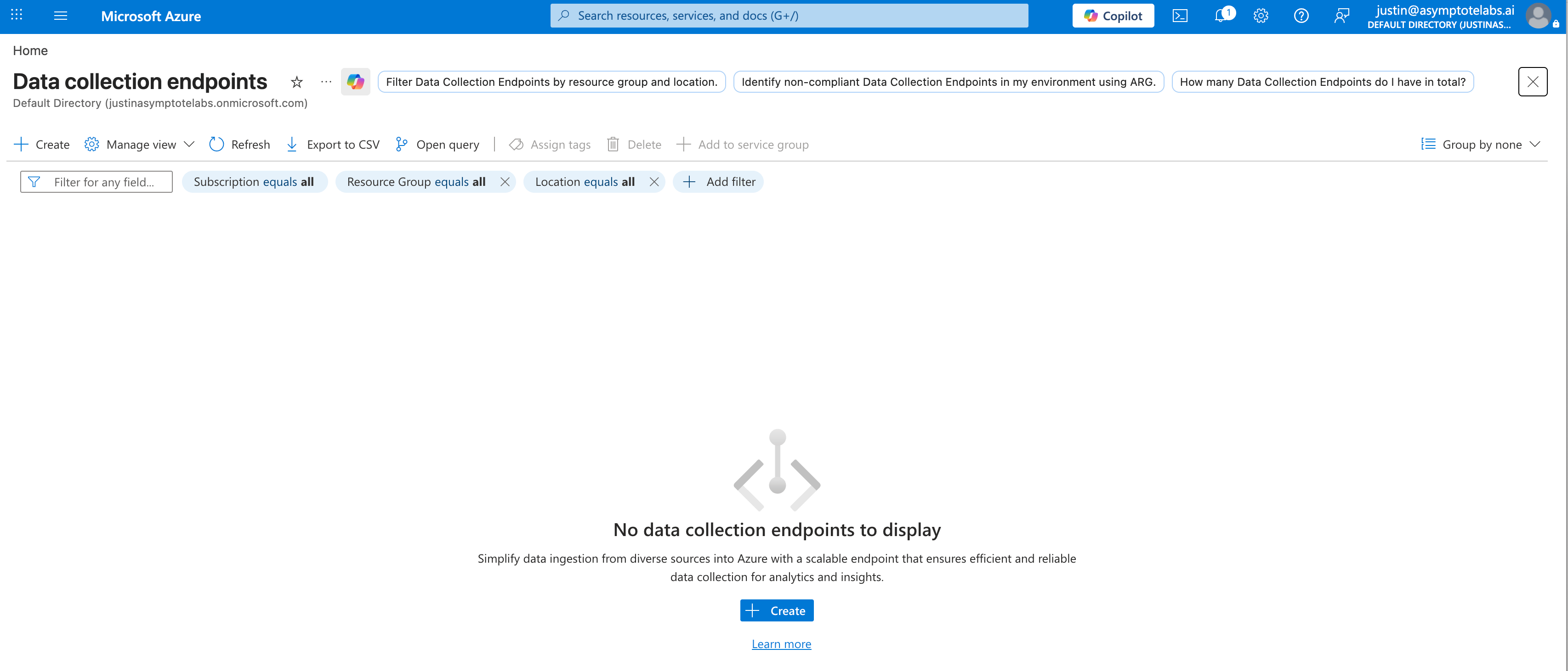 Azure Portal Data collection endpoints page showing no endpoints and the Create button.