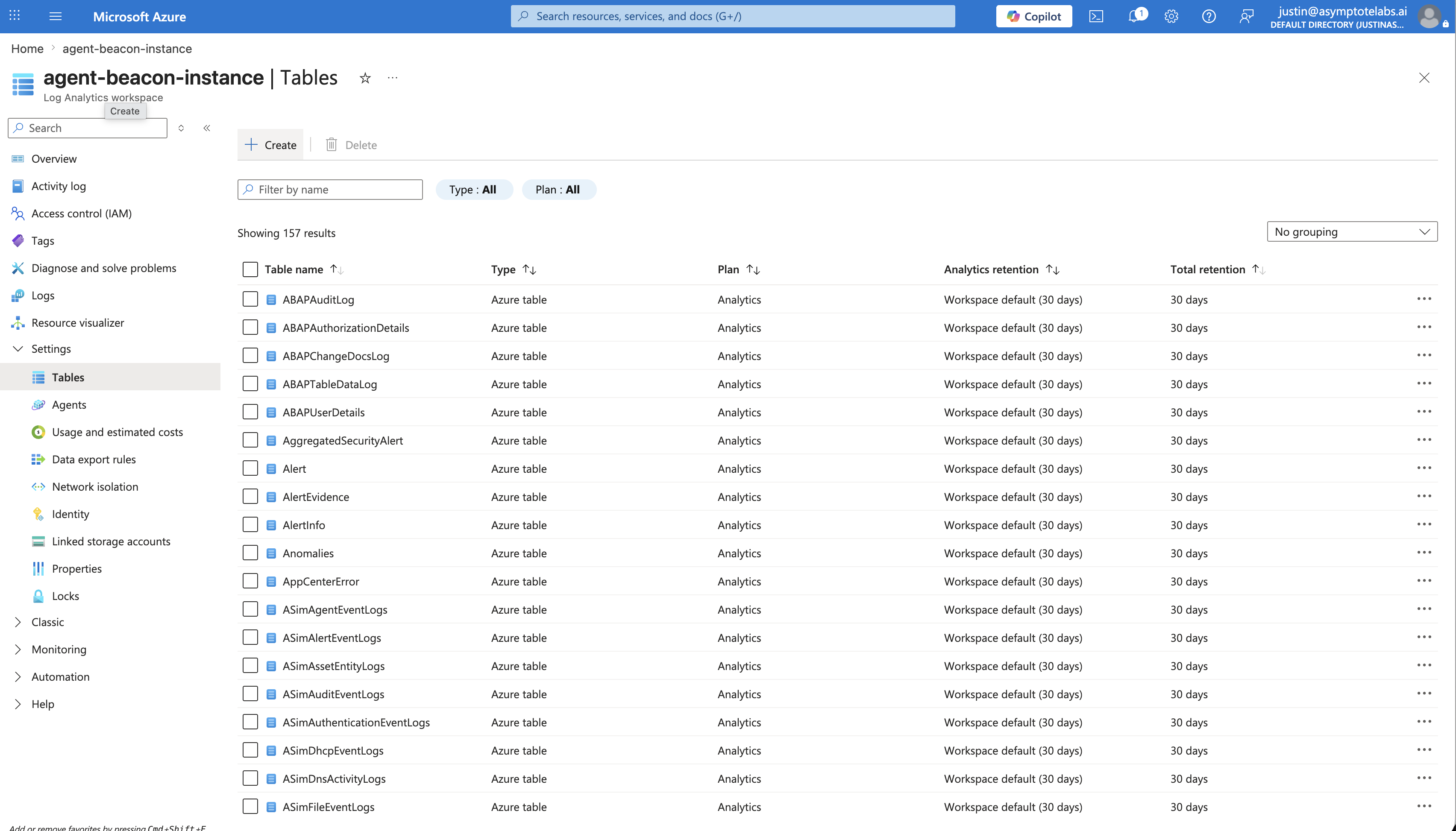 Azure Portal showing the agent-beacon-instance Log Analytics workspace Tables page.