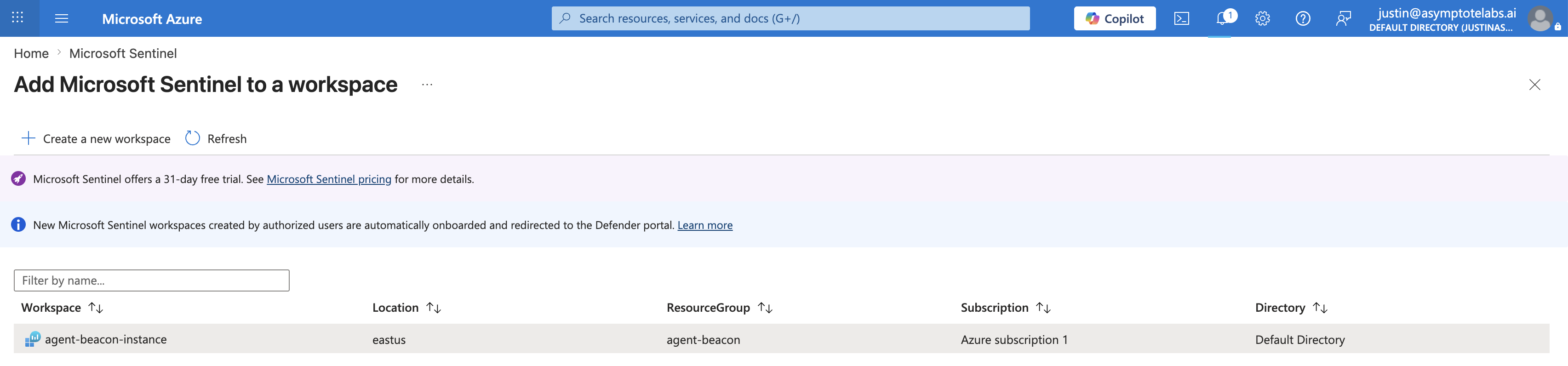 Azure Portal showing Microsoft Sentinel workspace selection with agent-beacon-instance selected.