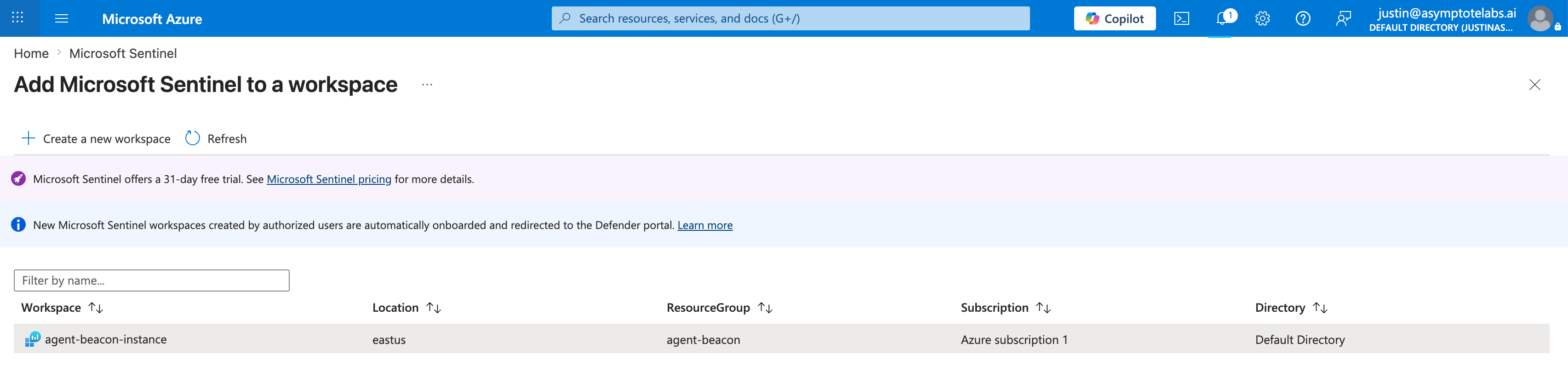 Azure Portal showing Microsoft Sentinel workspace selection with agent-beacon-instance selected.