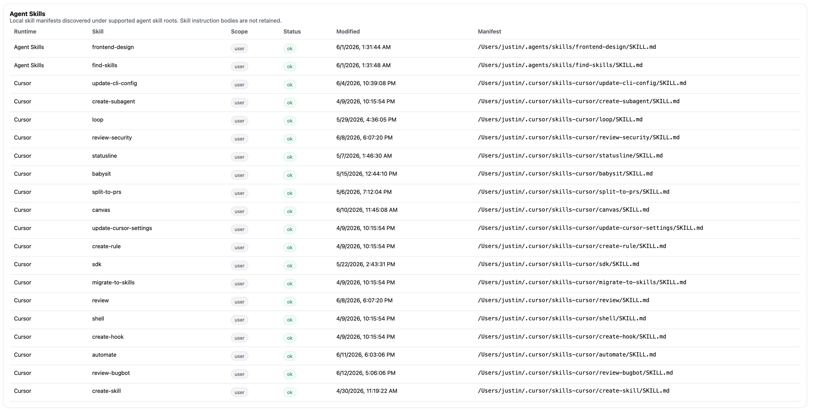 Beacon dashboard Skills Inventory view showing local skill manifests and metadata.
