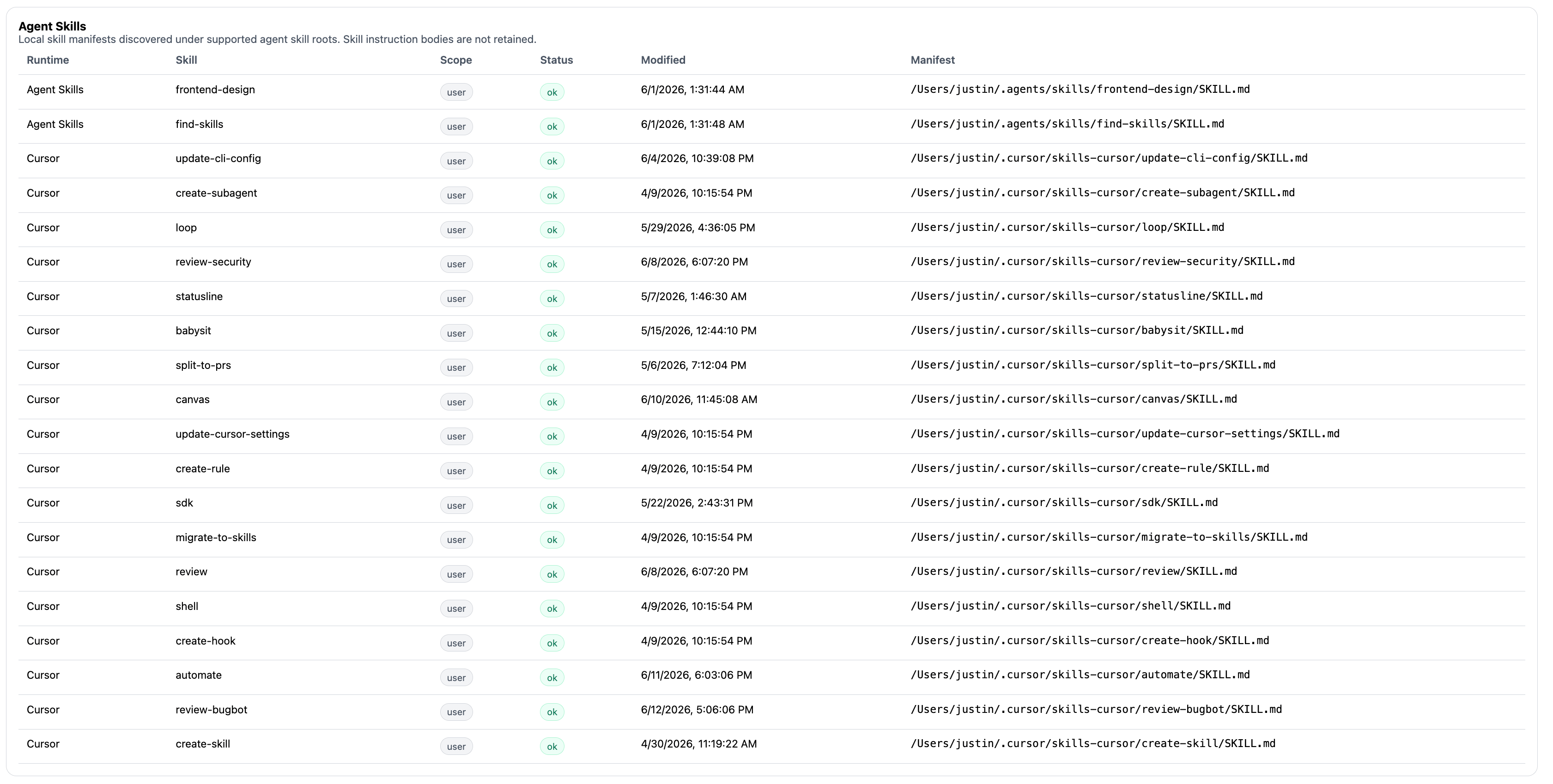 Beacon dashboard Skills Inventory view showing local skill manifests and metadata.