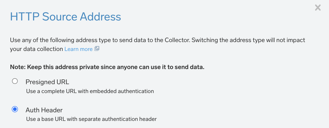 Sumo Logic Auth Header configuration showing the Source URL and x-sumo-token option.