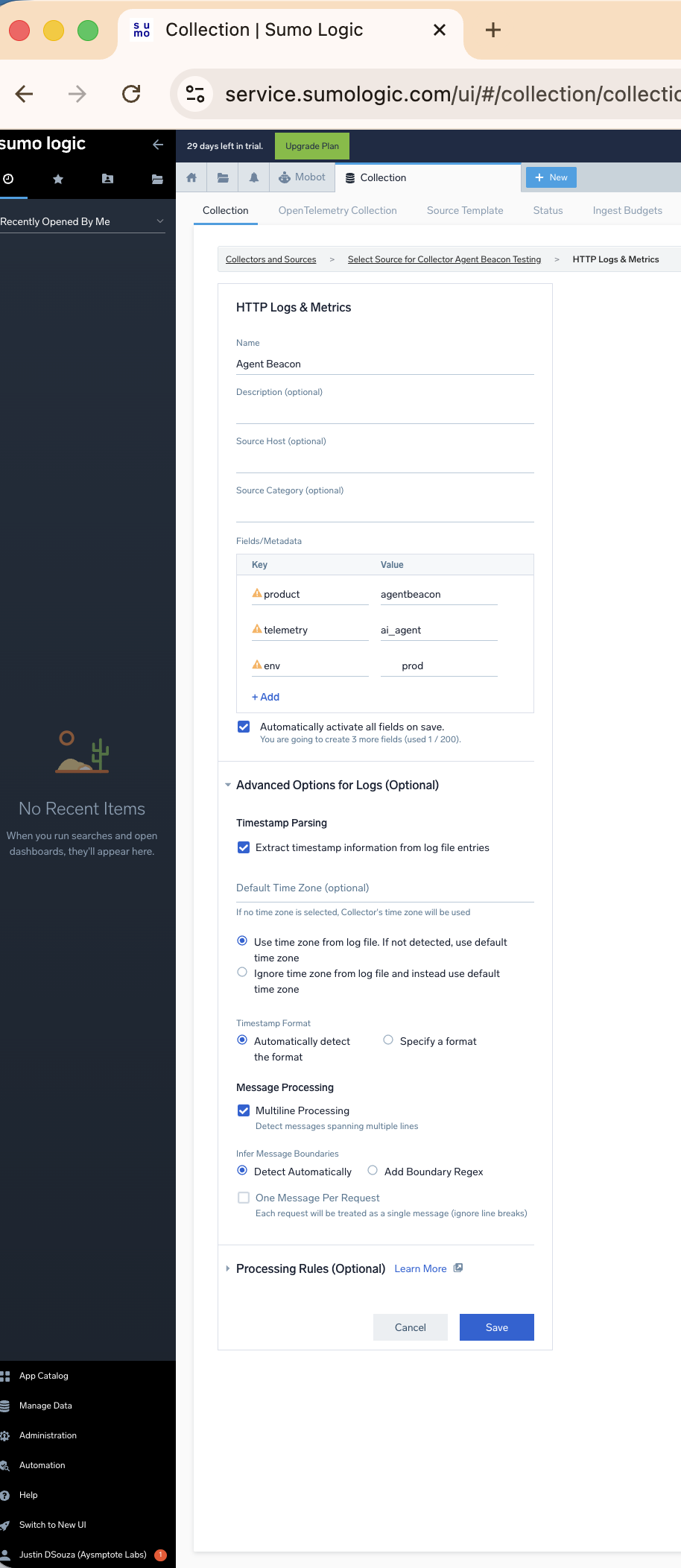 Sumo Logic HTTP Logs and Metrics Source configuration for Beacon endpoint events.