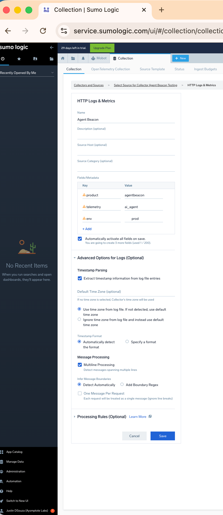 Sumo Logic HTTP Logs and Metrics Source configuration for Beacon endpoint events.