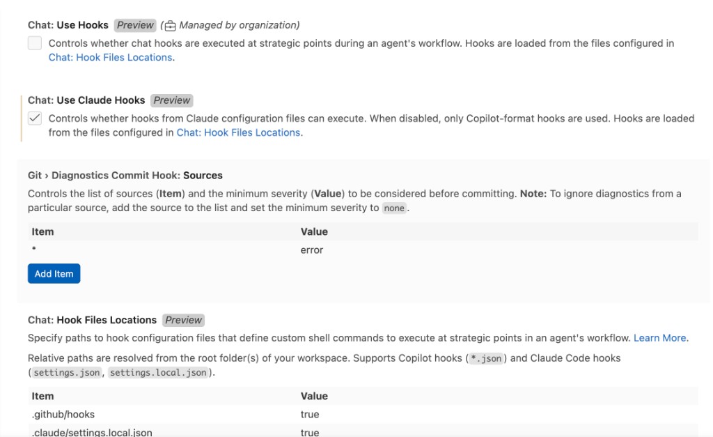 VS Code settings showing Chat: Use Hooks disabled and managed by organization, while Chat: Use Claude Hooks is enabled.