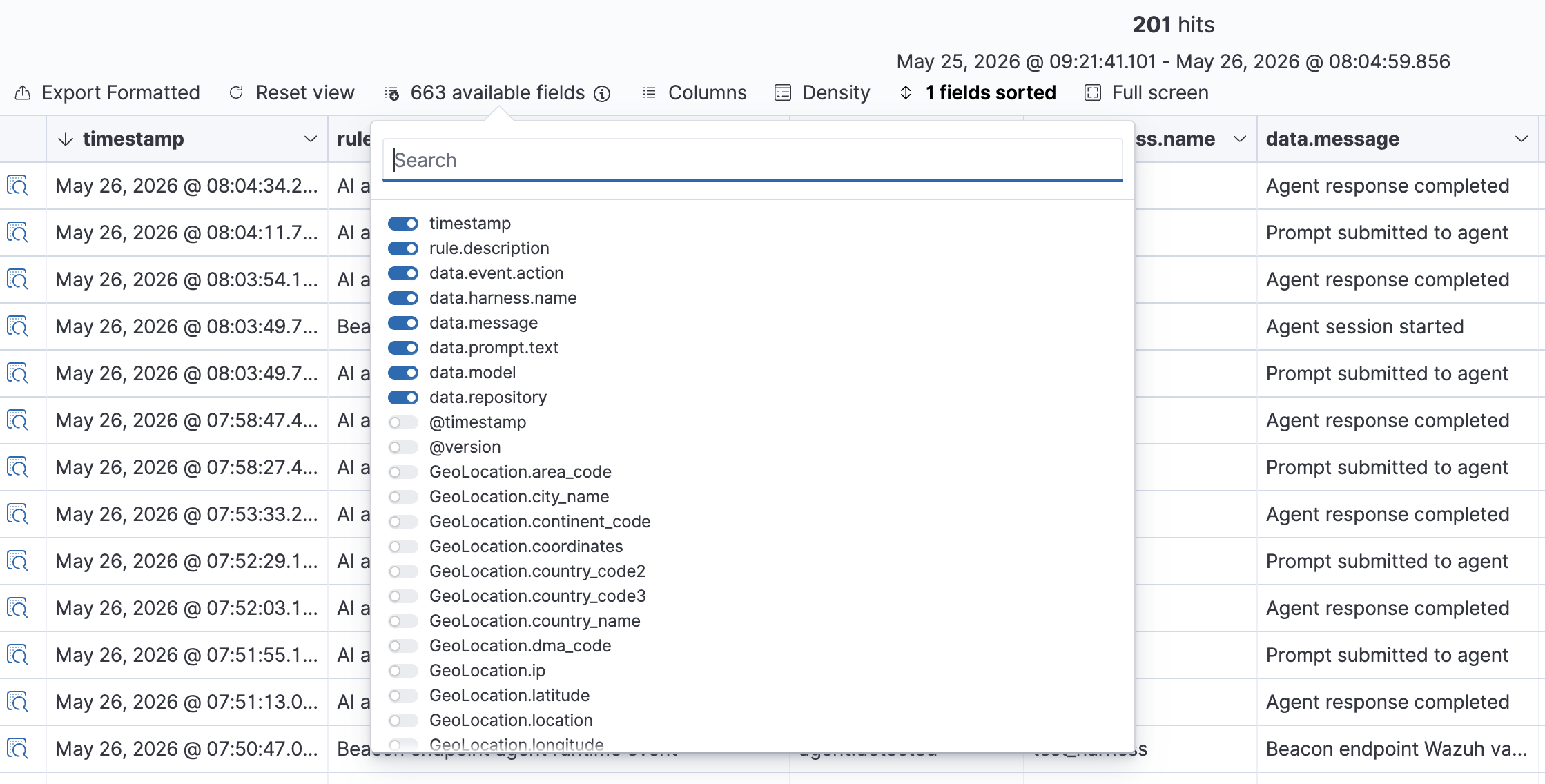 Wazuh Dashboard Columns selector with Beacon fields such as data.event.action, data.harness.name, data.message, data.prompt.text, data.model, and data.repository enabled.