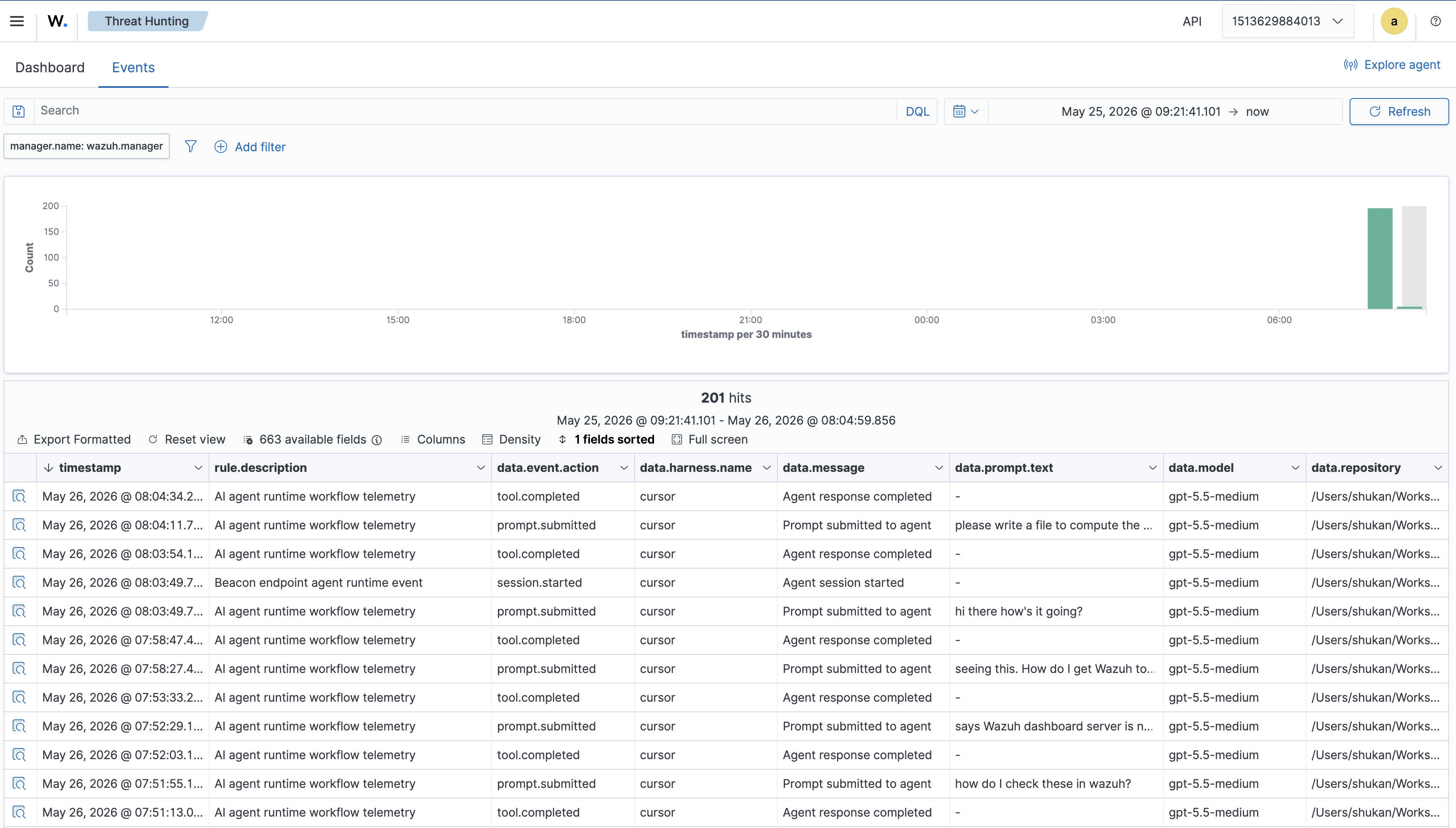 Wazuh Threat Hunting Events view showing live Beacon Cursor events with event action, harness, message, prompt text, model, and repository fields.