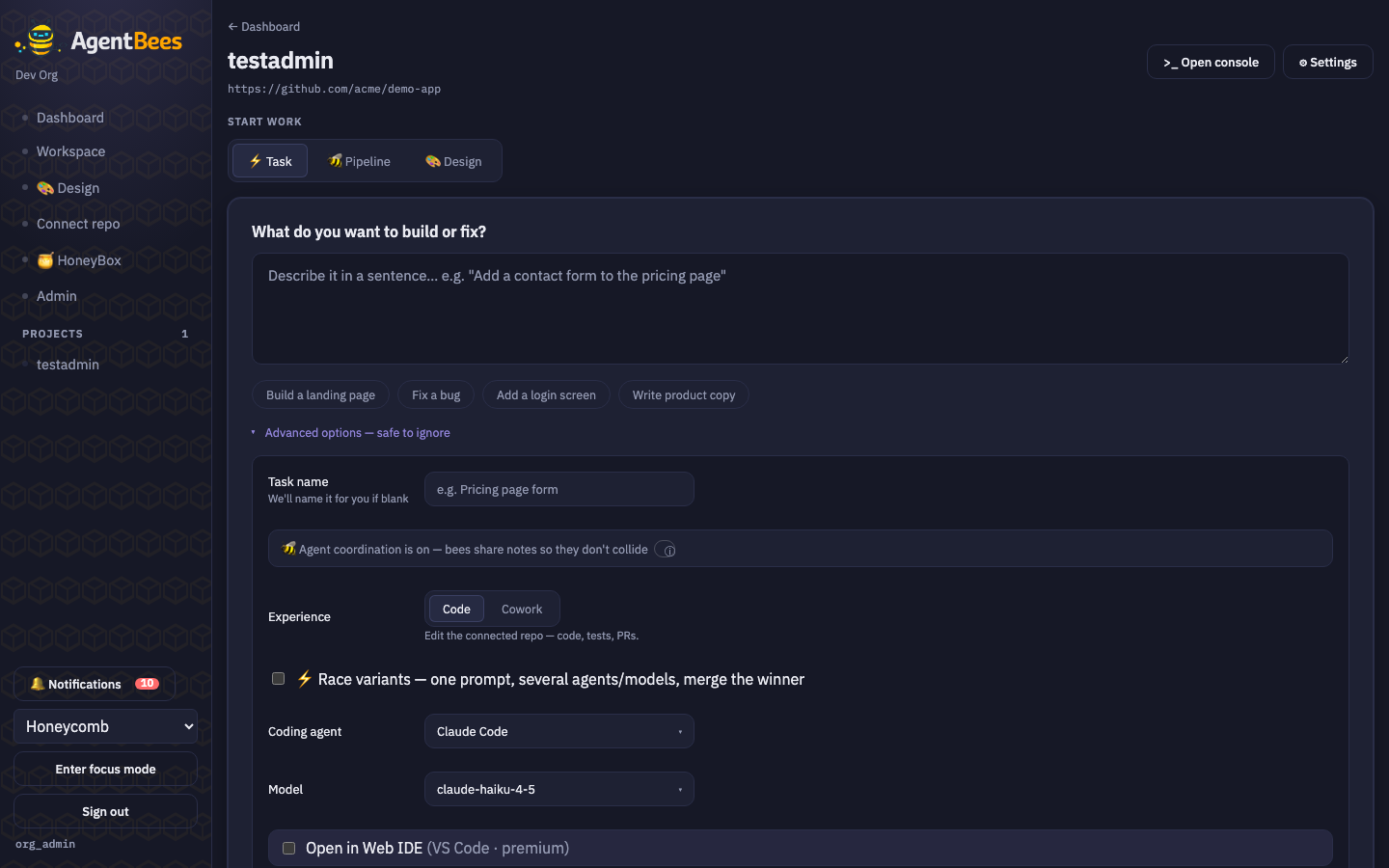 New Task advanced options expanded
