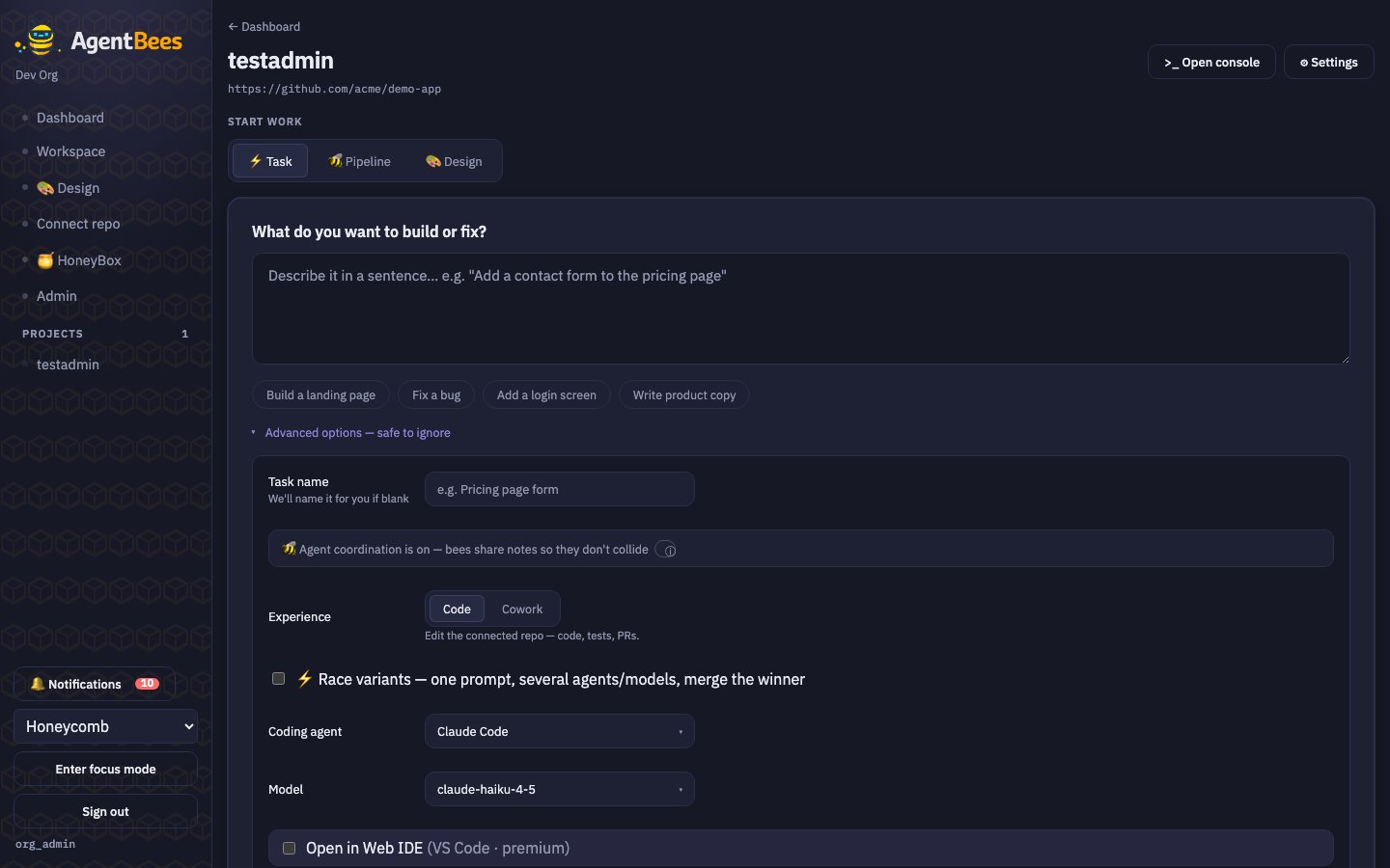 New Task advanced options expanded