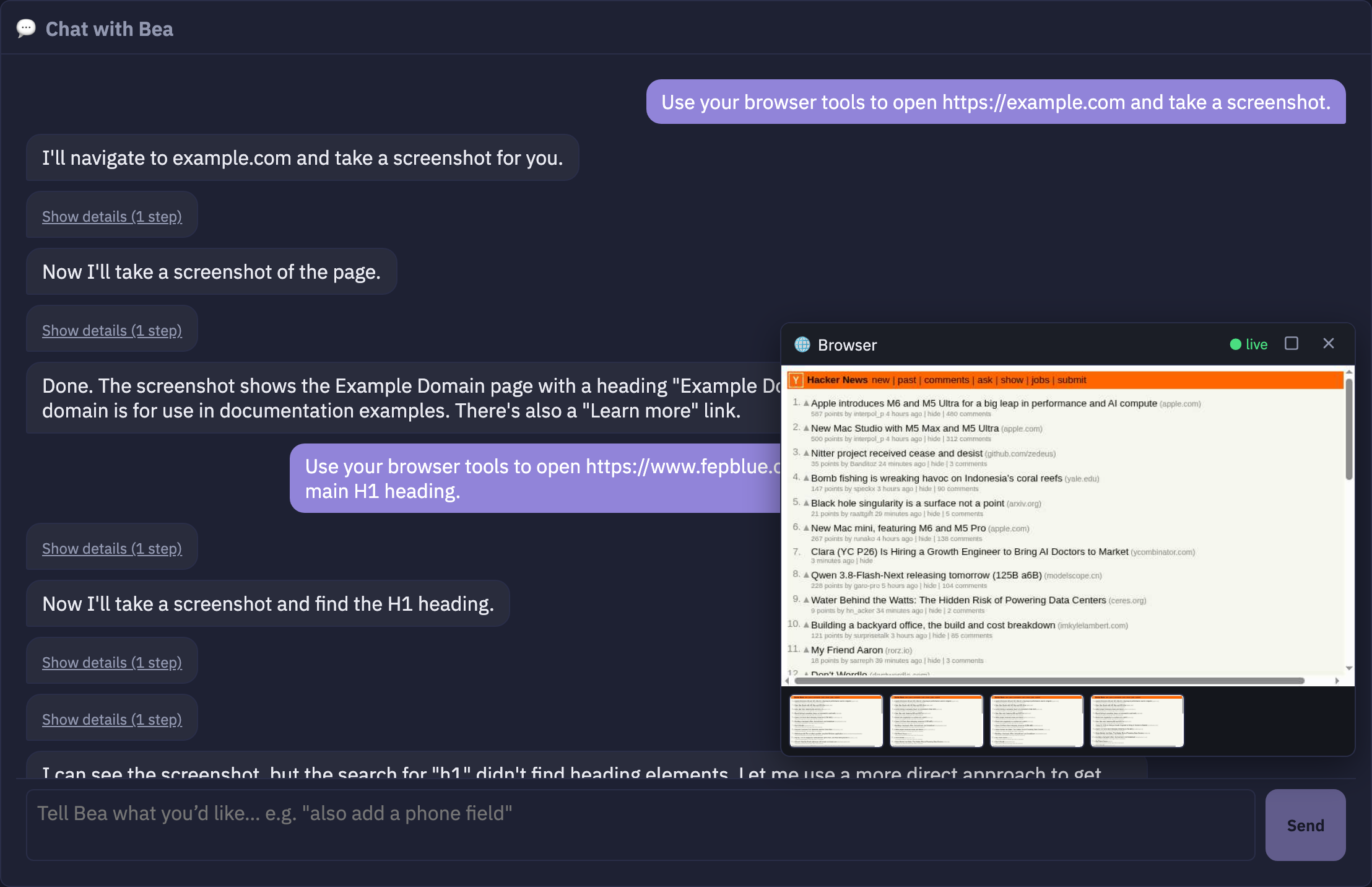 The live Browser panel in AgentBees showing the agent's browser and captured screenshots
