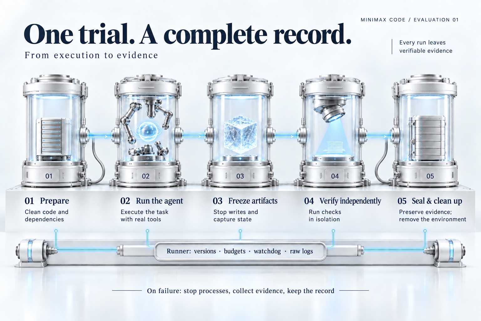 One trial, a complete record: prepare, run the agent, freeze artifacts, verify independently, seal and clean up