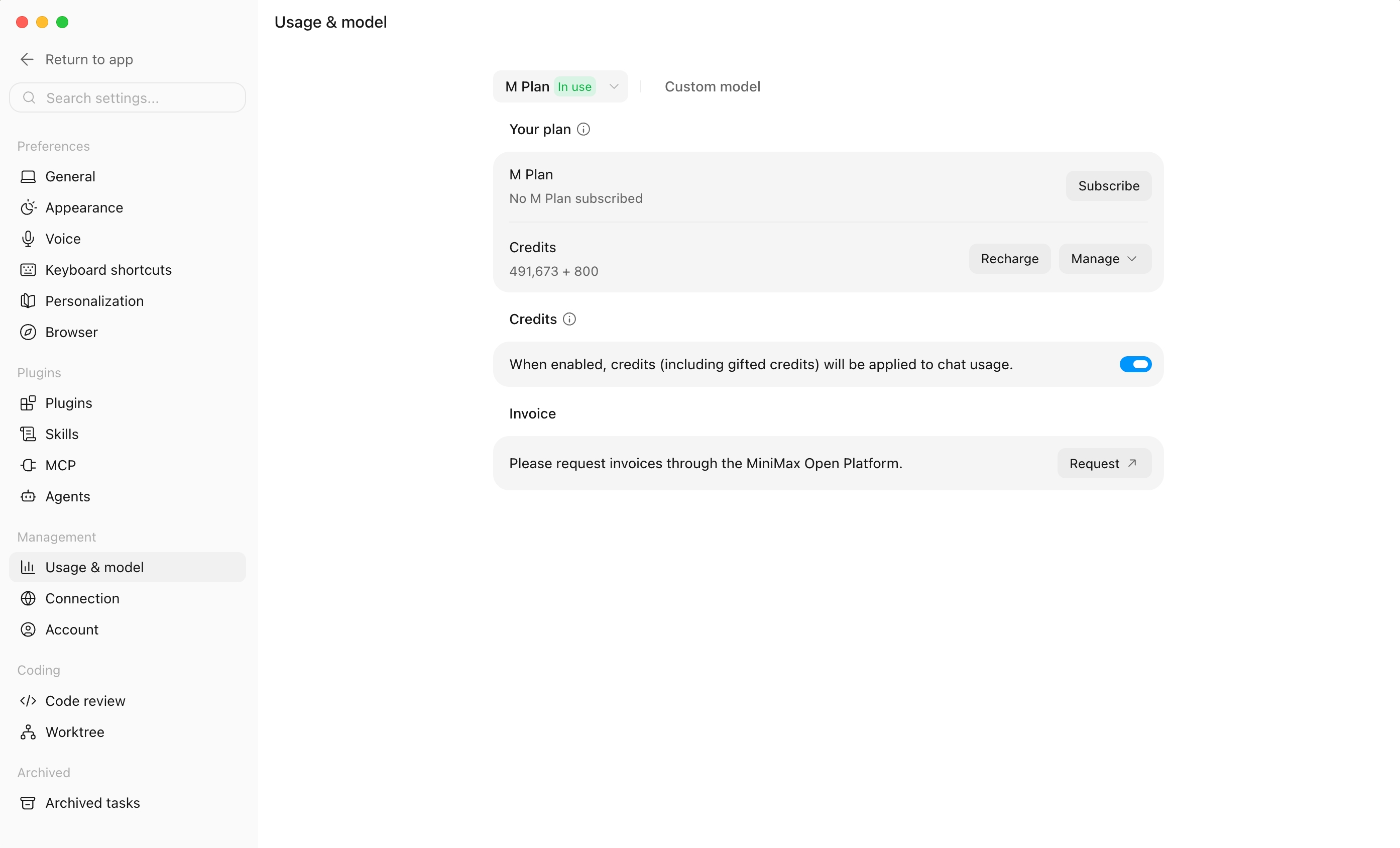 Usage and Model settings page
