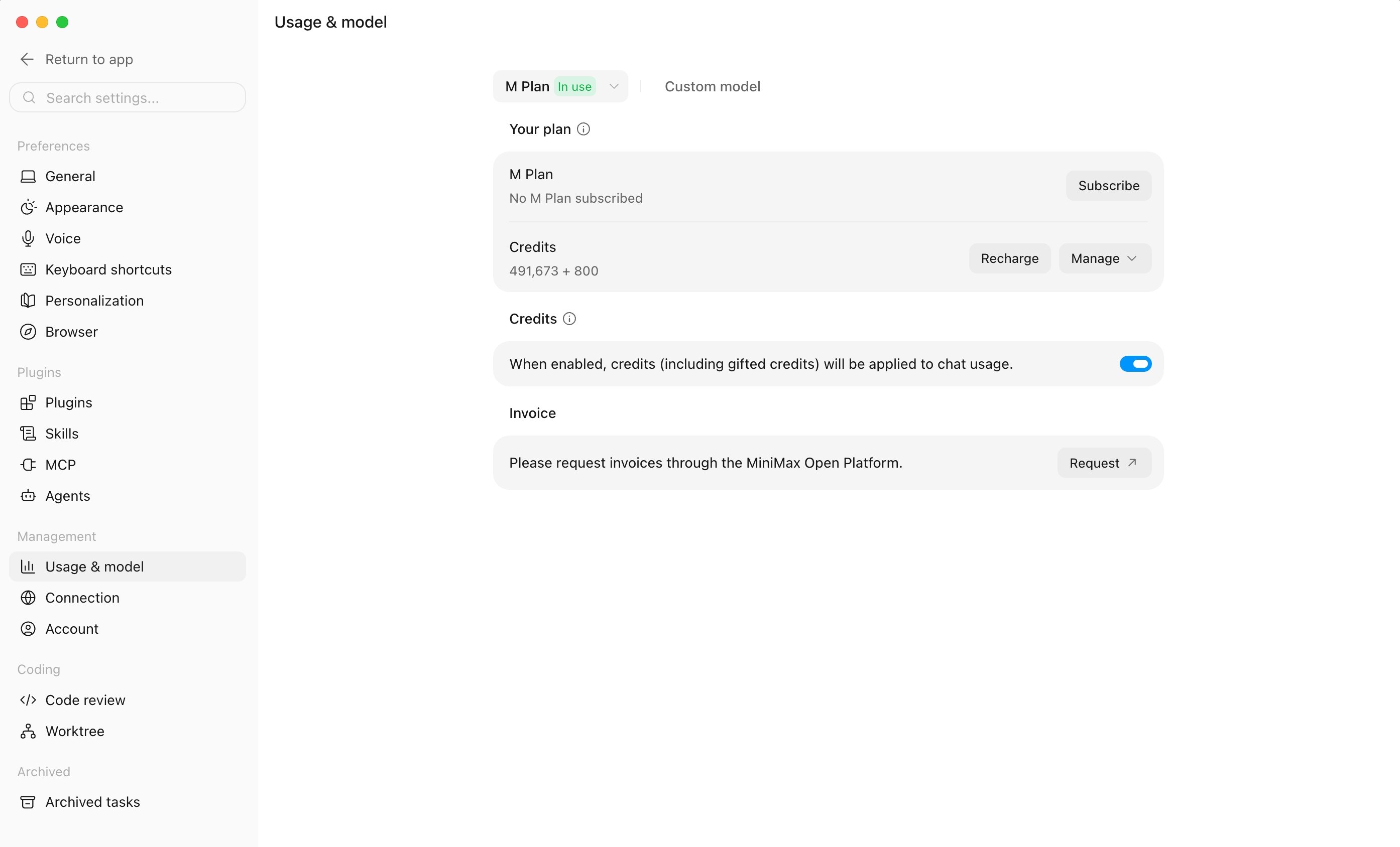 Usage and Model settings page