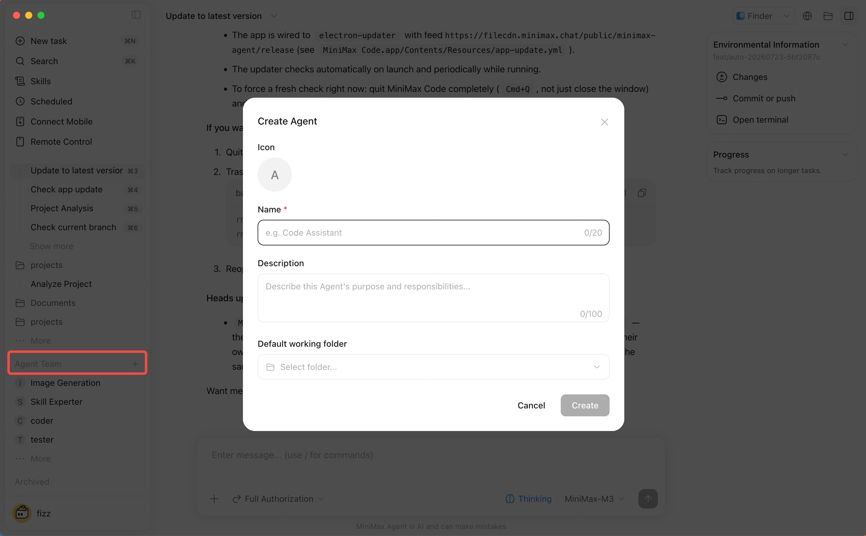 Agent creation or settings panel