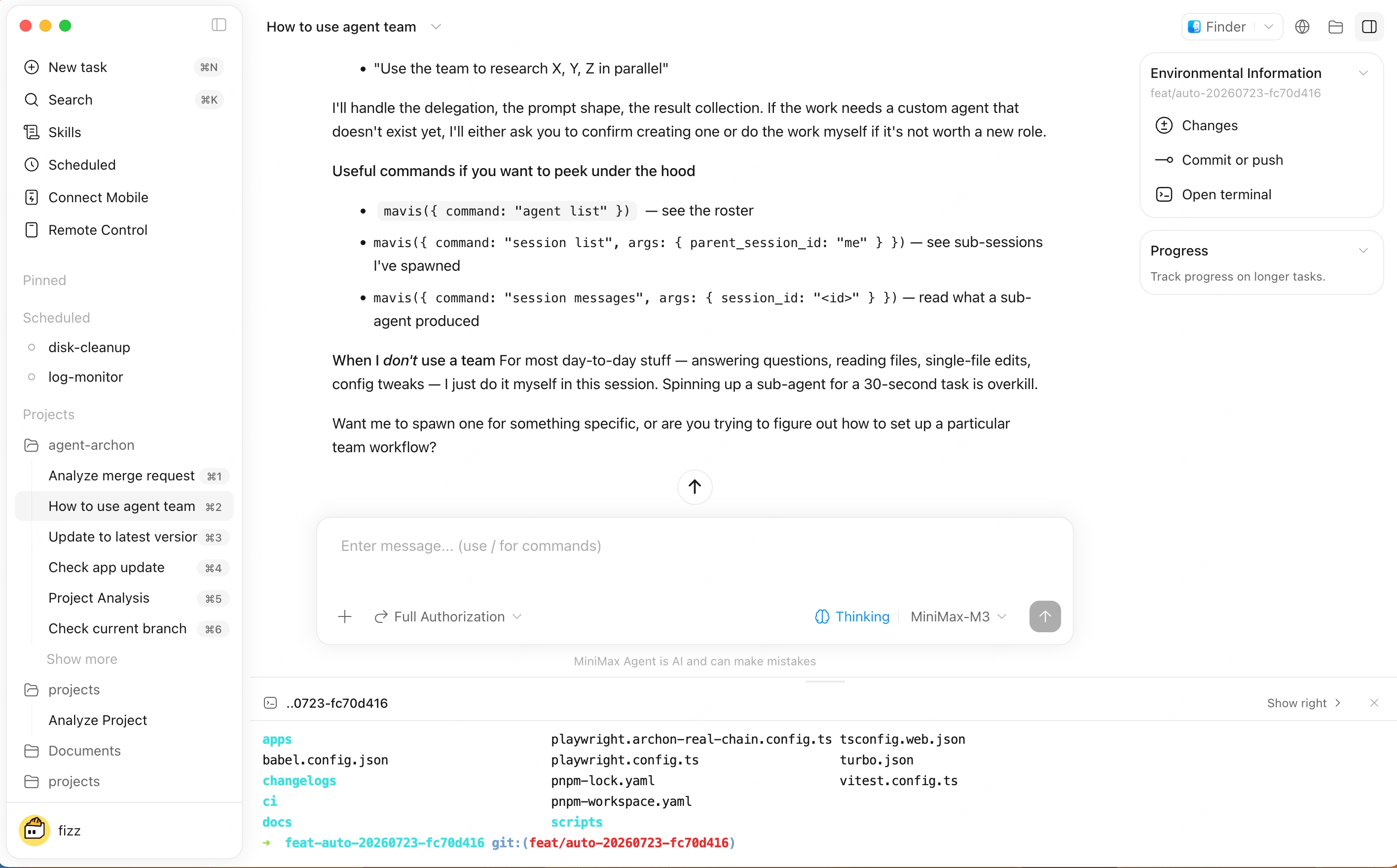 Files, Changes, and Terminal panels