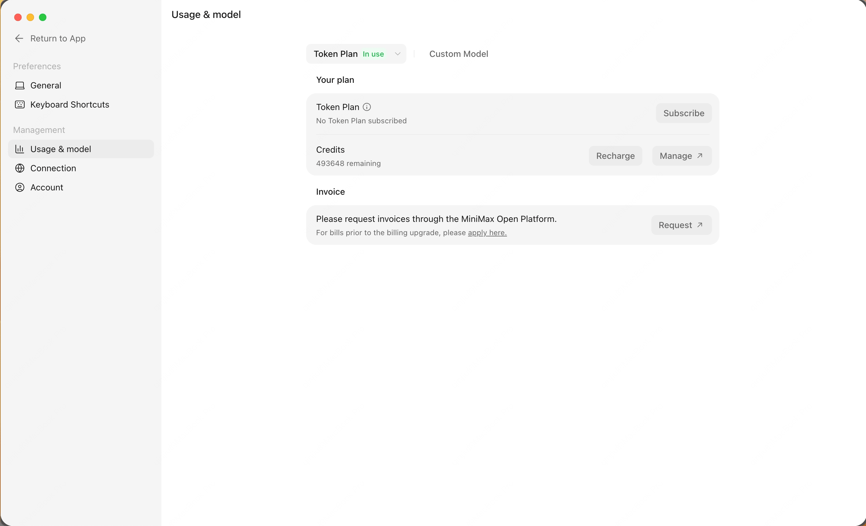 Usage and Model settings page