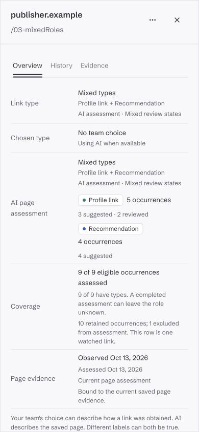 Link details show two page roles, nine assessed occurrences, and current page evidence.