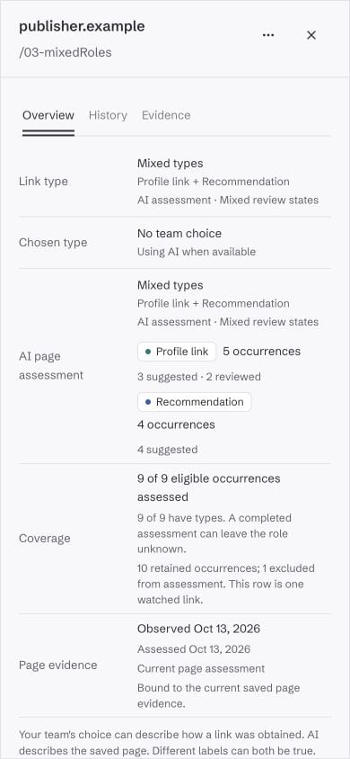 Link details show two page roles, nine assessed occurrences, and current page evidence.