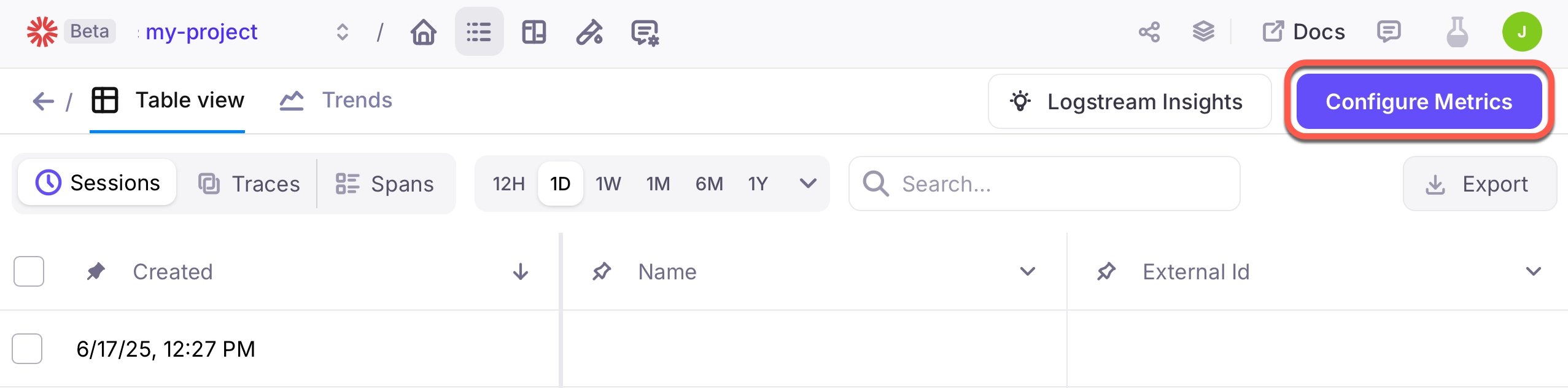 The configure evaluators button on the sessions tab