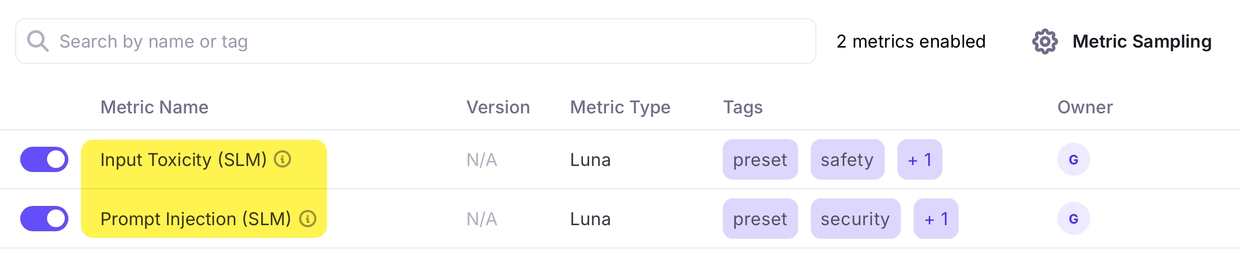 The configure evaluators screen with the input toxicity (SLM) and prompt injection (SLM) evaluators turned on