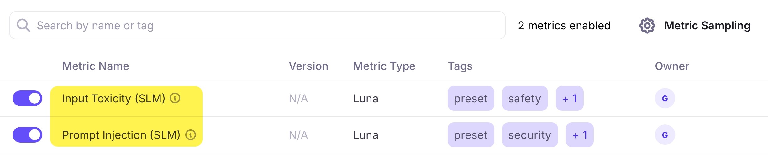 The configure evaluators screen with the input toxicity (SLM) and prompt injection (SLM) evaluators turned on