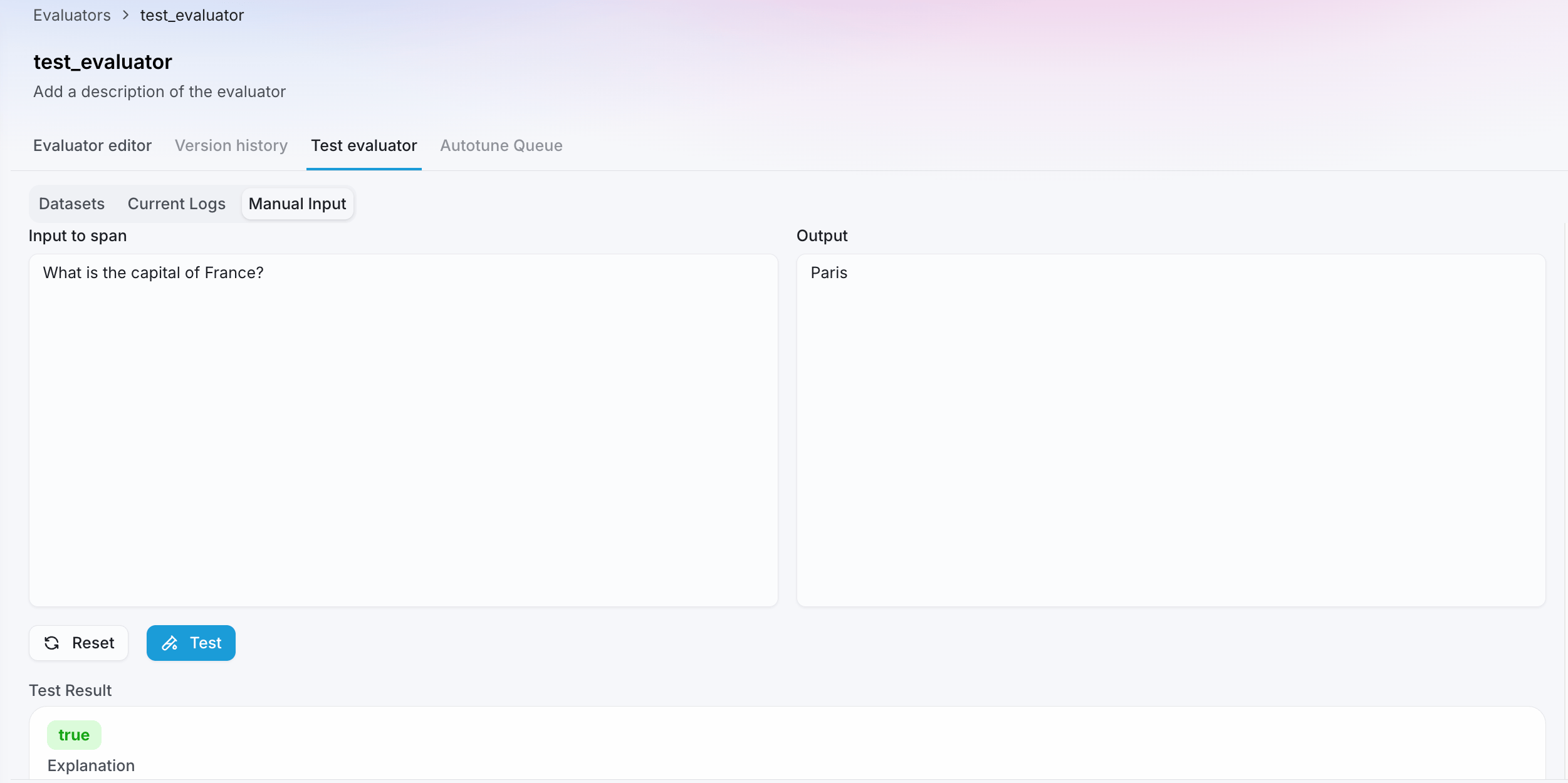 The manual input tab showing an input, output, a Test button, and a true result with an explanation below