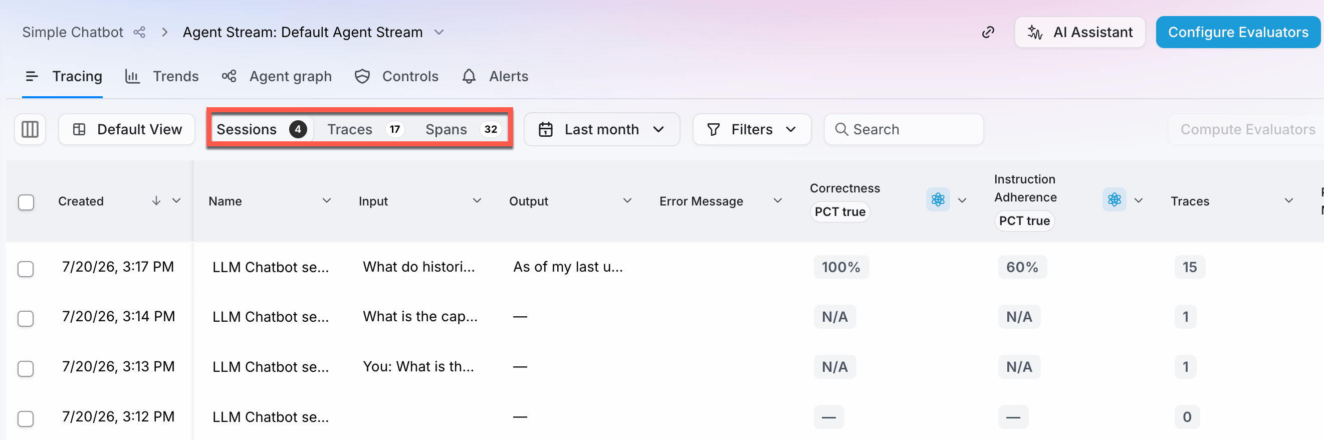 Event-group controls for selecting Session, Trace, or Span granularity