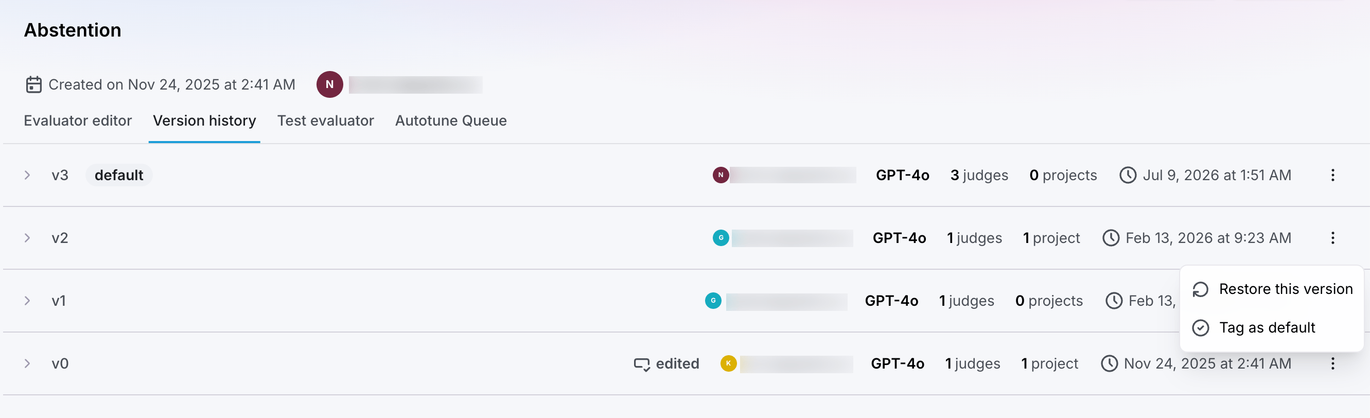 Version history for a custom evaluator