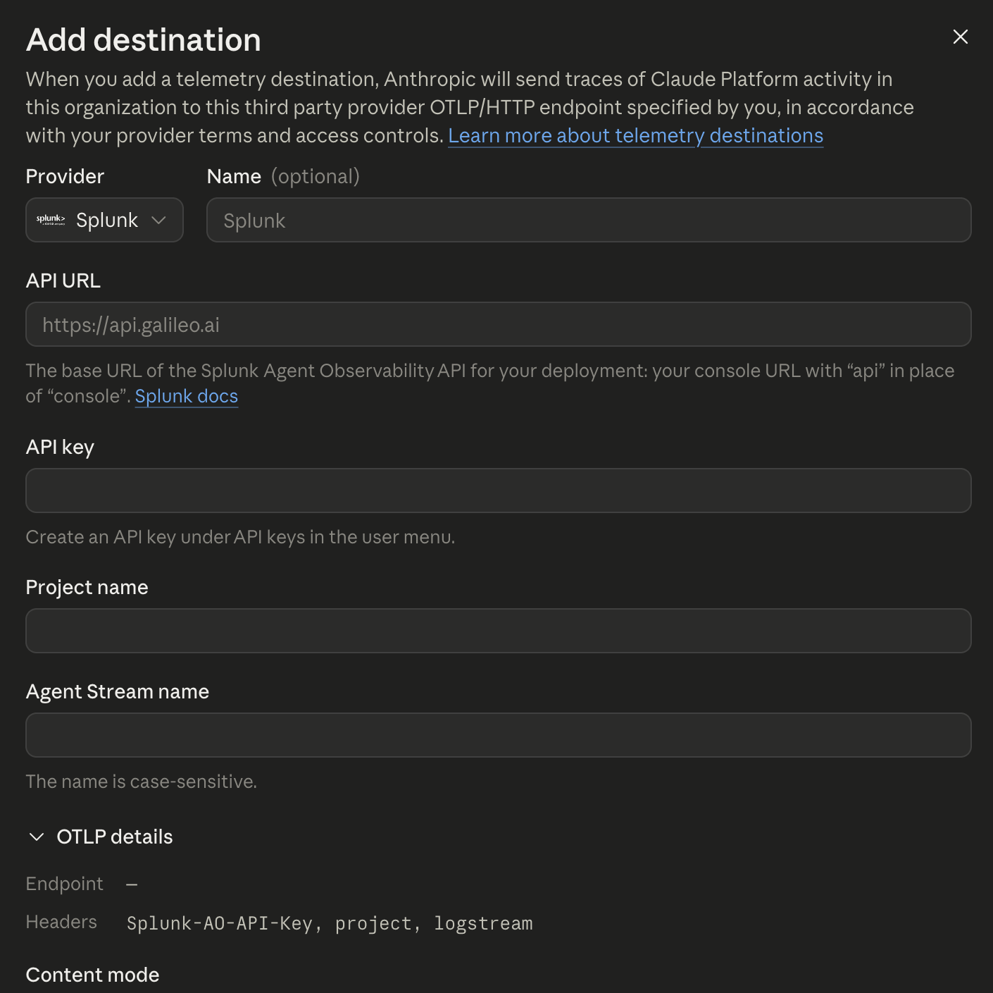 Example Claude destination configuration