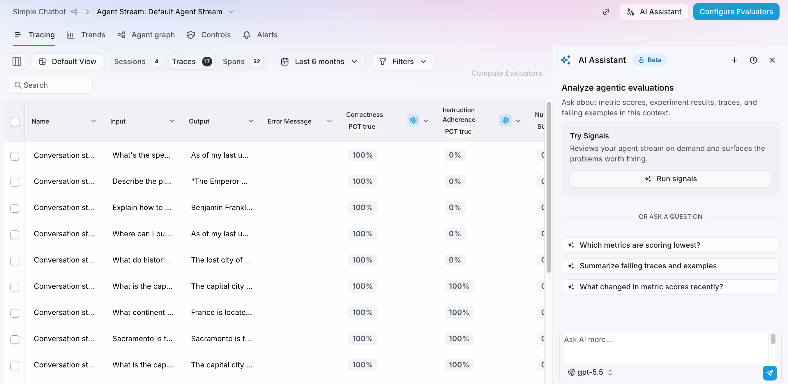 The AI Assistant panel open inside an Agent Stream, showing suggested questions and a prompt to run Signals