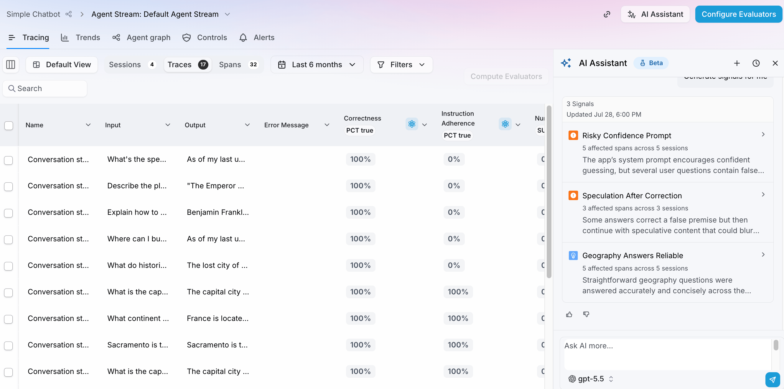 The AI Assistant showing a Signal investigation result with a finding, evidence, and links to affected sessions