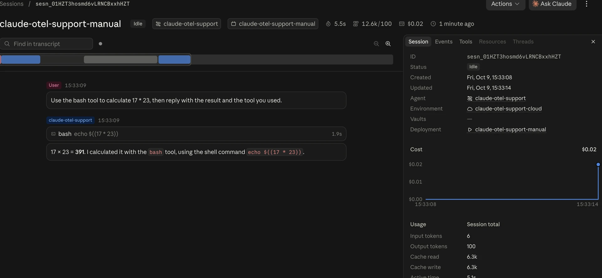 Example Claude Managed Agents session showing a bash calculation and the answer 391