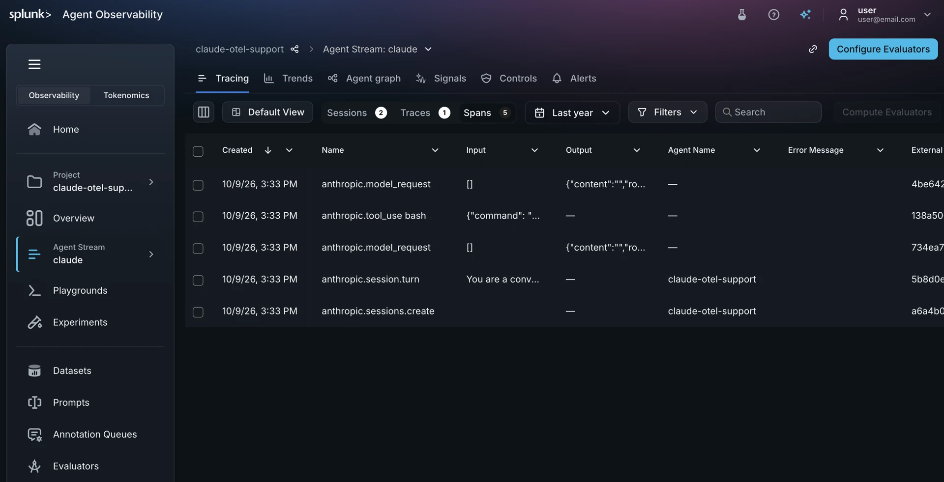 Example Claude Managed Agents spans in Splunk Agent Observability