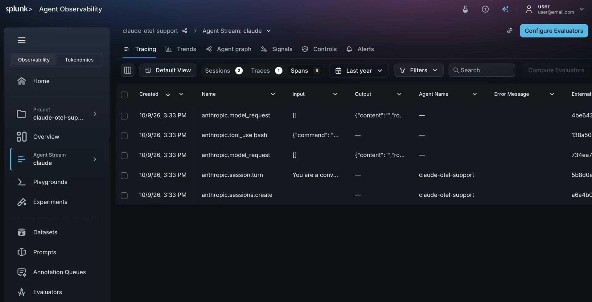 Example Claude Managed Agents spans in Splunk Agent Observability